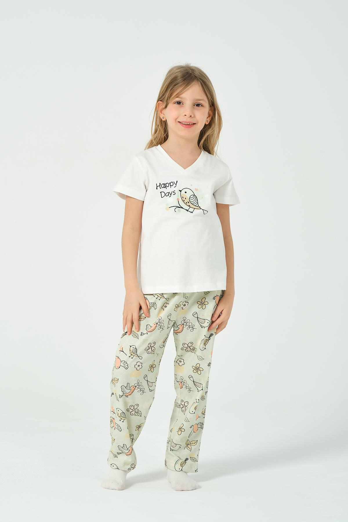 KIZ COCUK KUS DESENLI KISA KOLLU PIJAMA TAKIMI