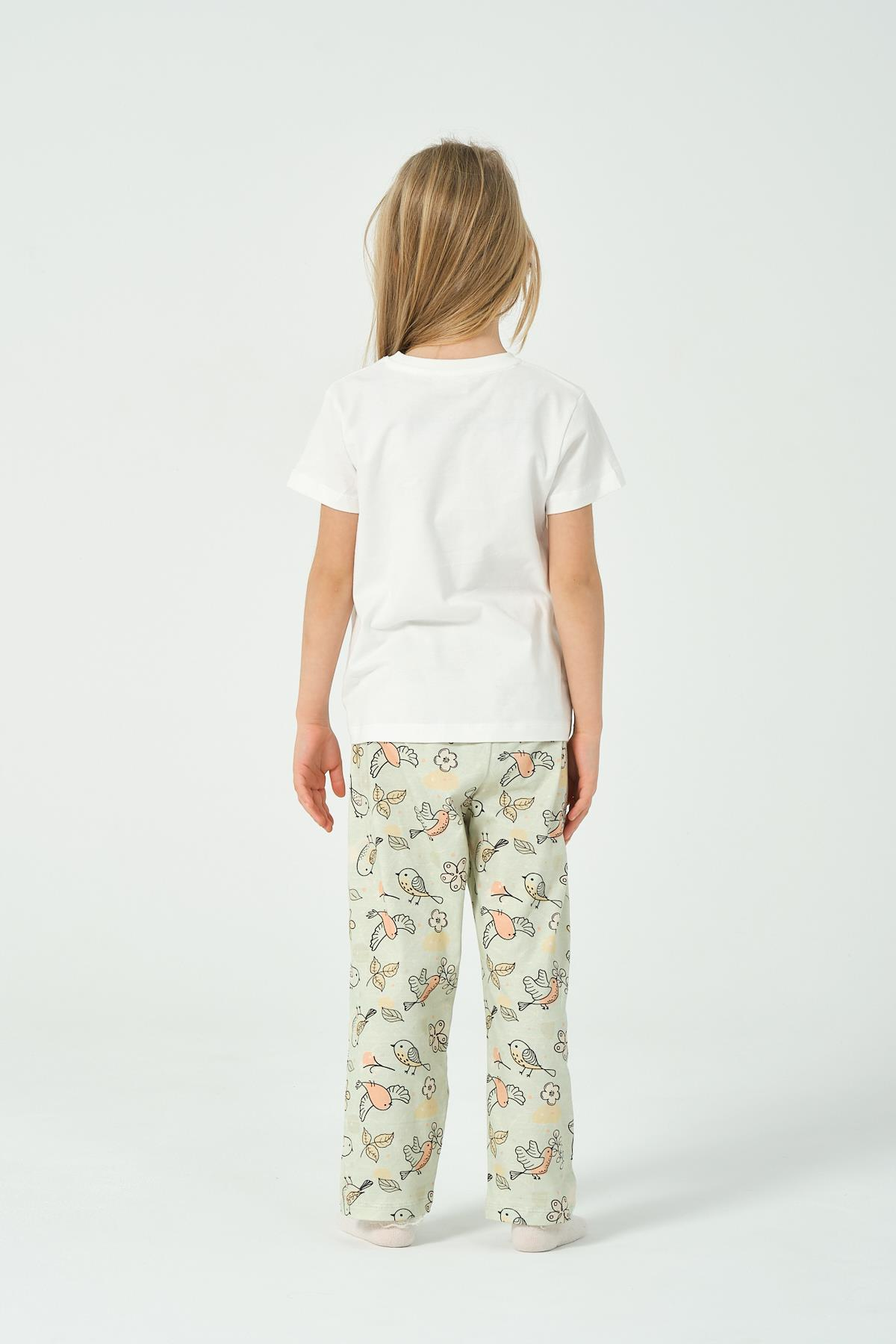KIZ COCUK KUS DESENLI KISA KOLLU PIJAMA TAKIMI