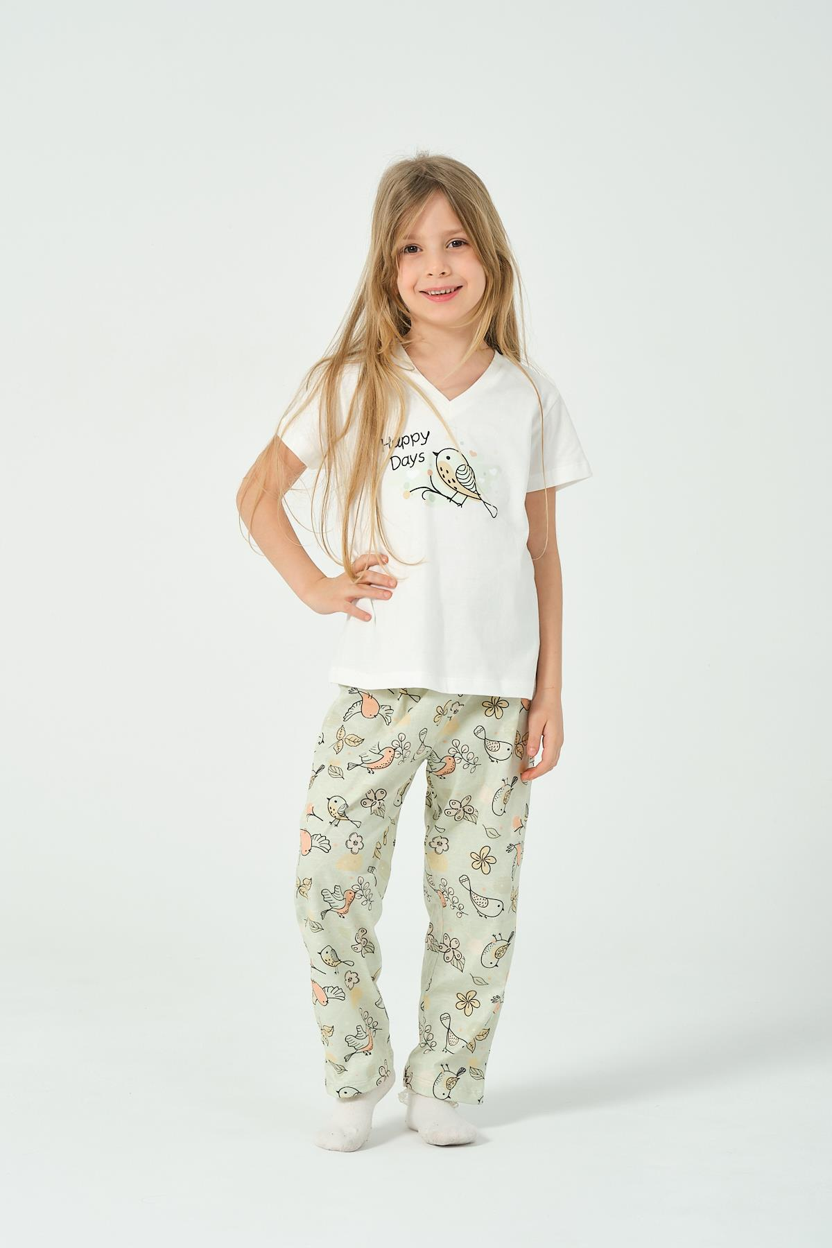 KIZ COCUK KUS DESENLI KISA KOLLU PIJAMA TAKIMI