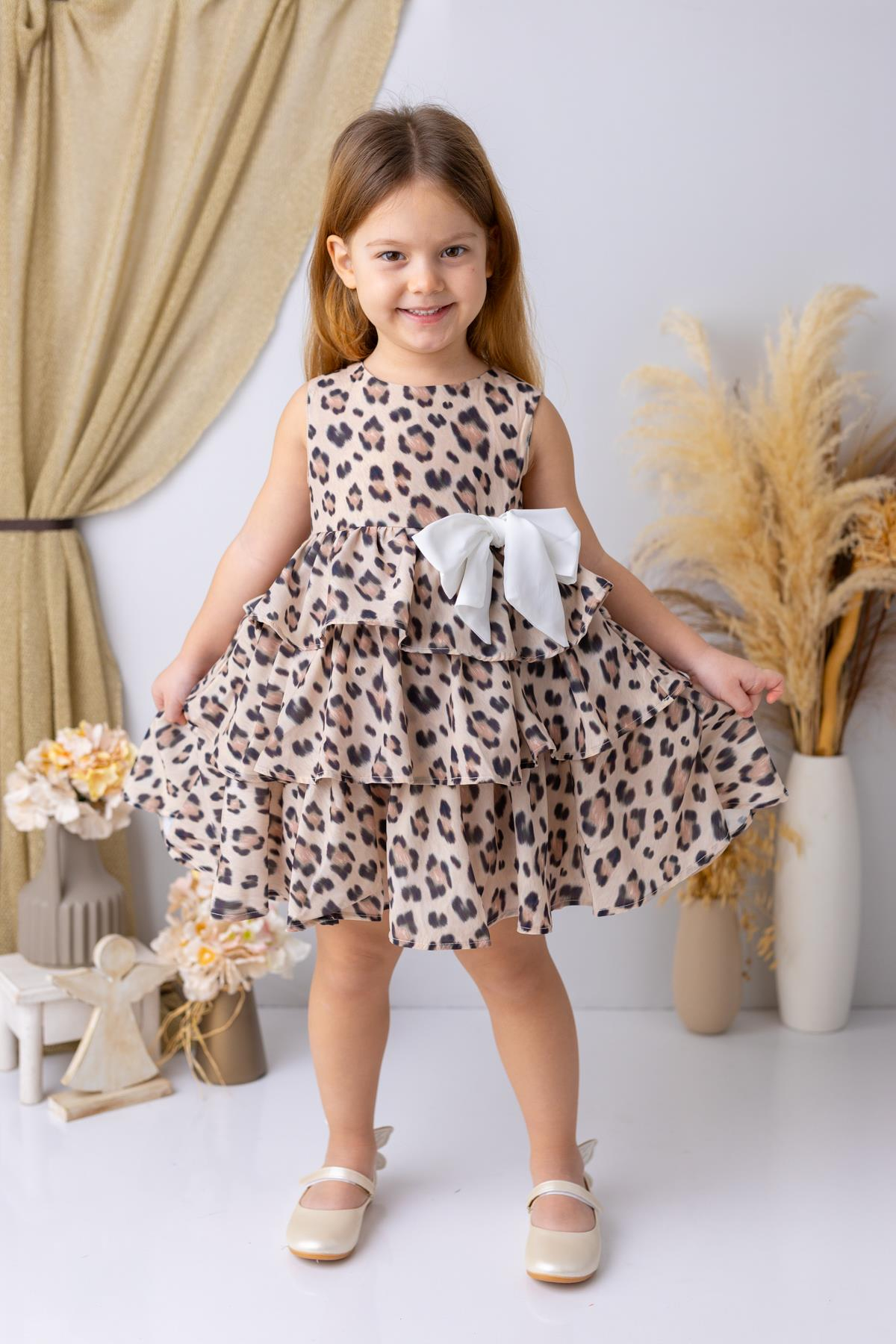 Kız Çocuk Leopar Desen Şifon Elbise - Leopar Desenli