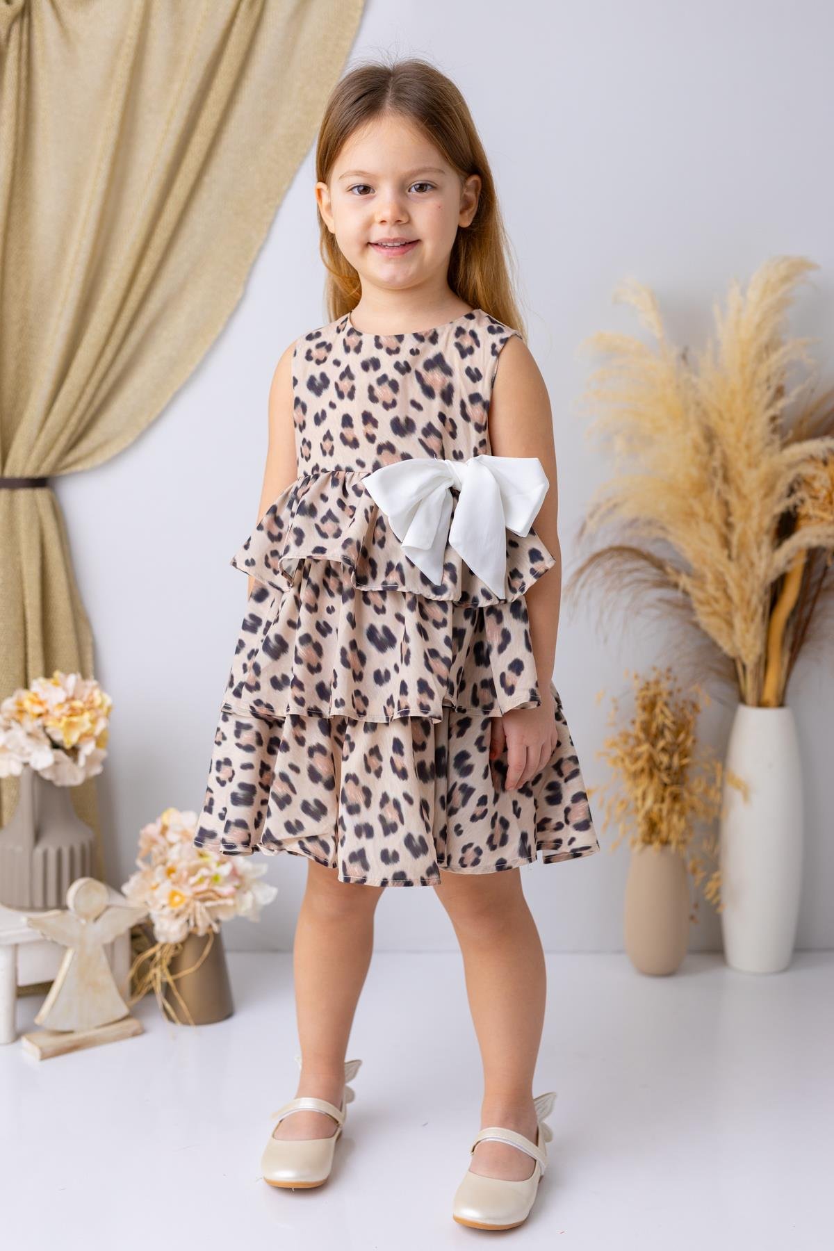 Kız Çocuk Leopar Desen Şifon Elbise - Leopar Desenli