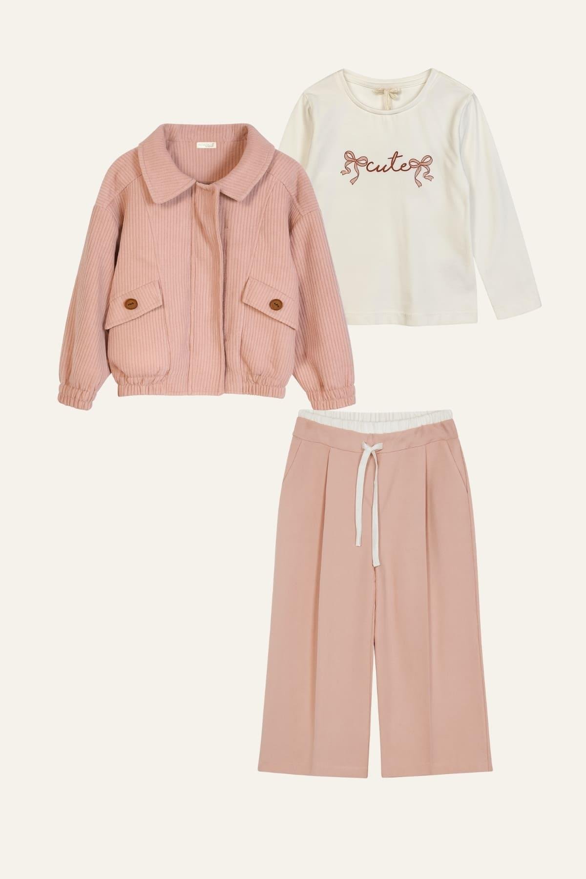 Kız Çocuk Montlu 3'lü Takım  - Pudra