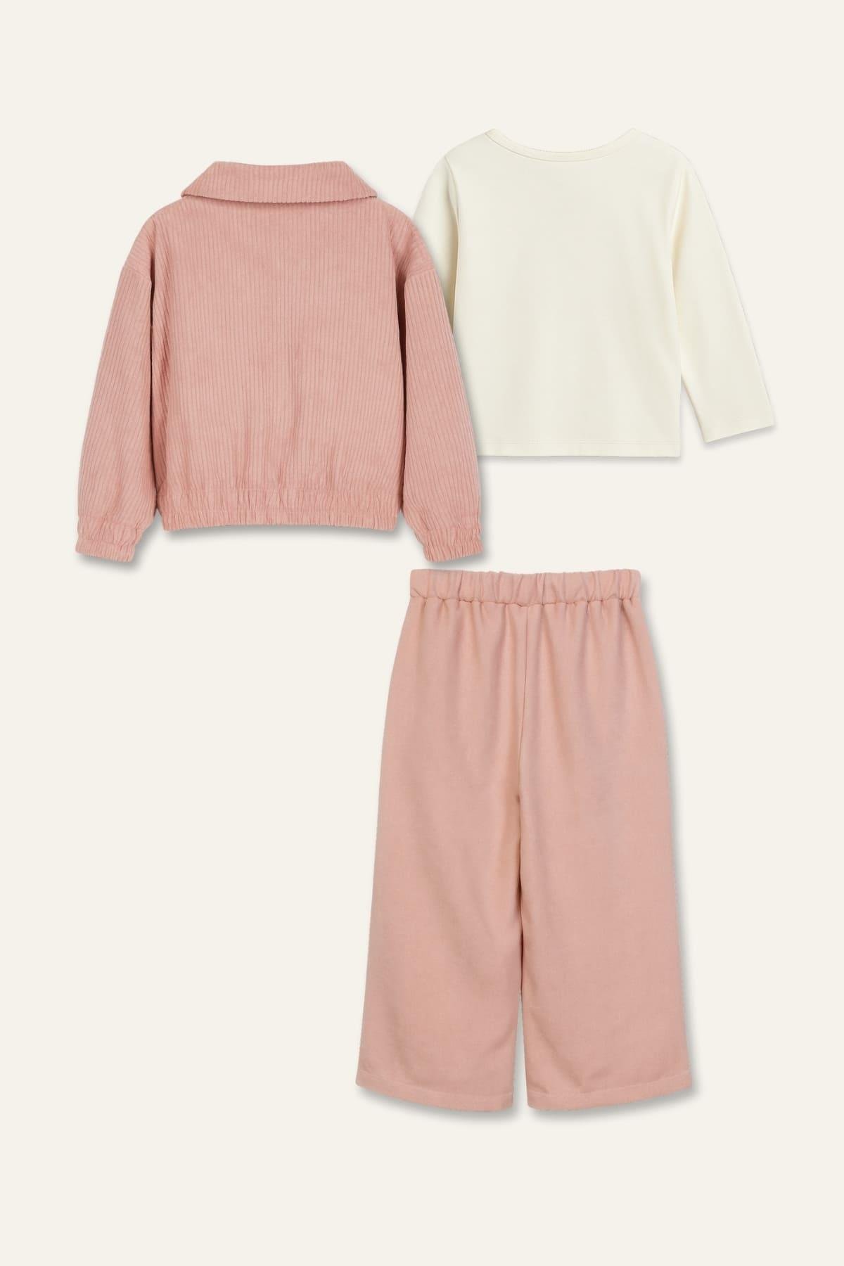 Kız Çocuk Montlu 3'lü Takım  - Pudra