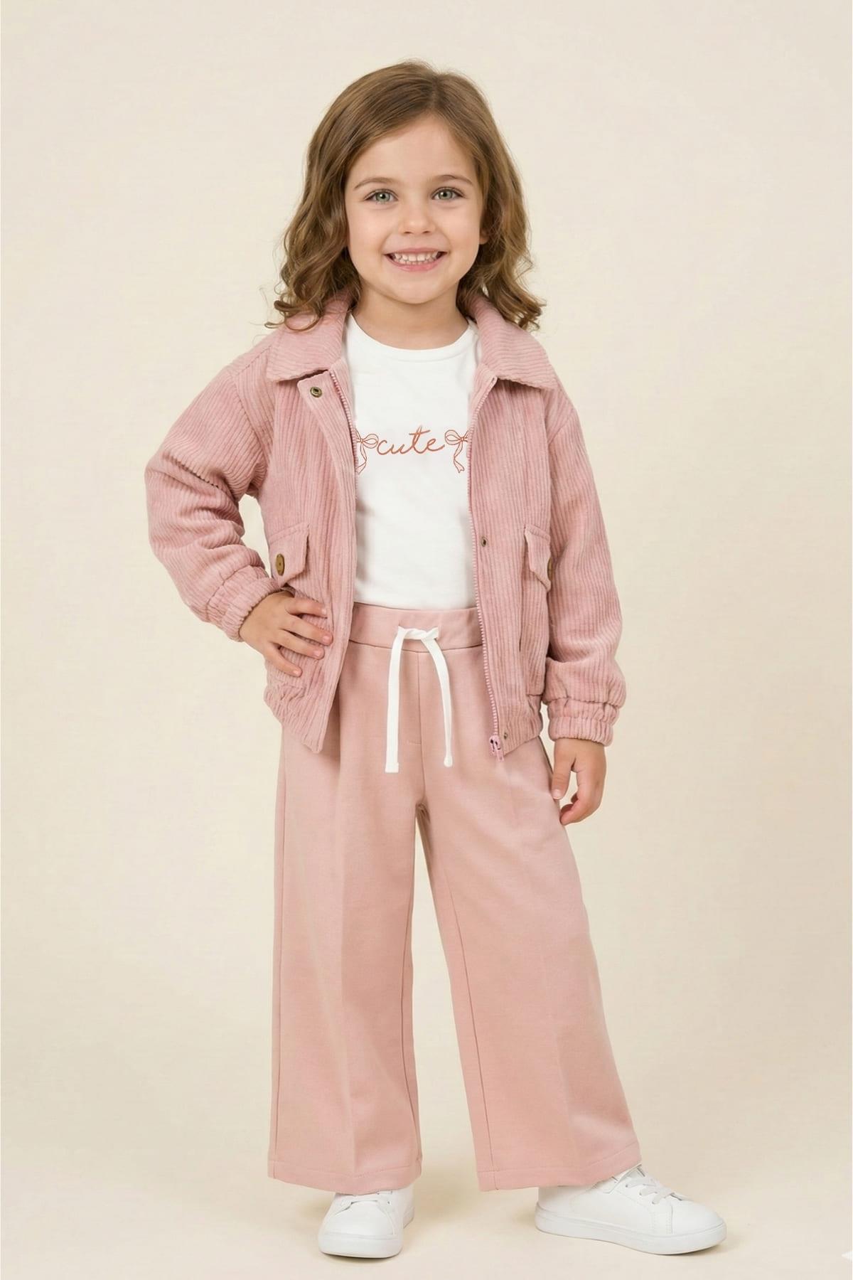 Kız Çocuk Montlu 3'lü Takım  - Pudra