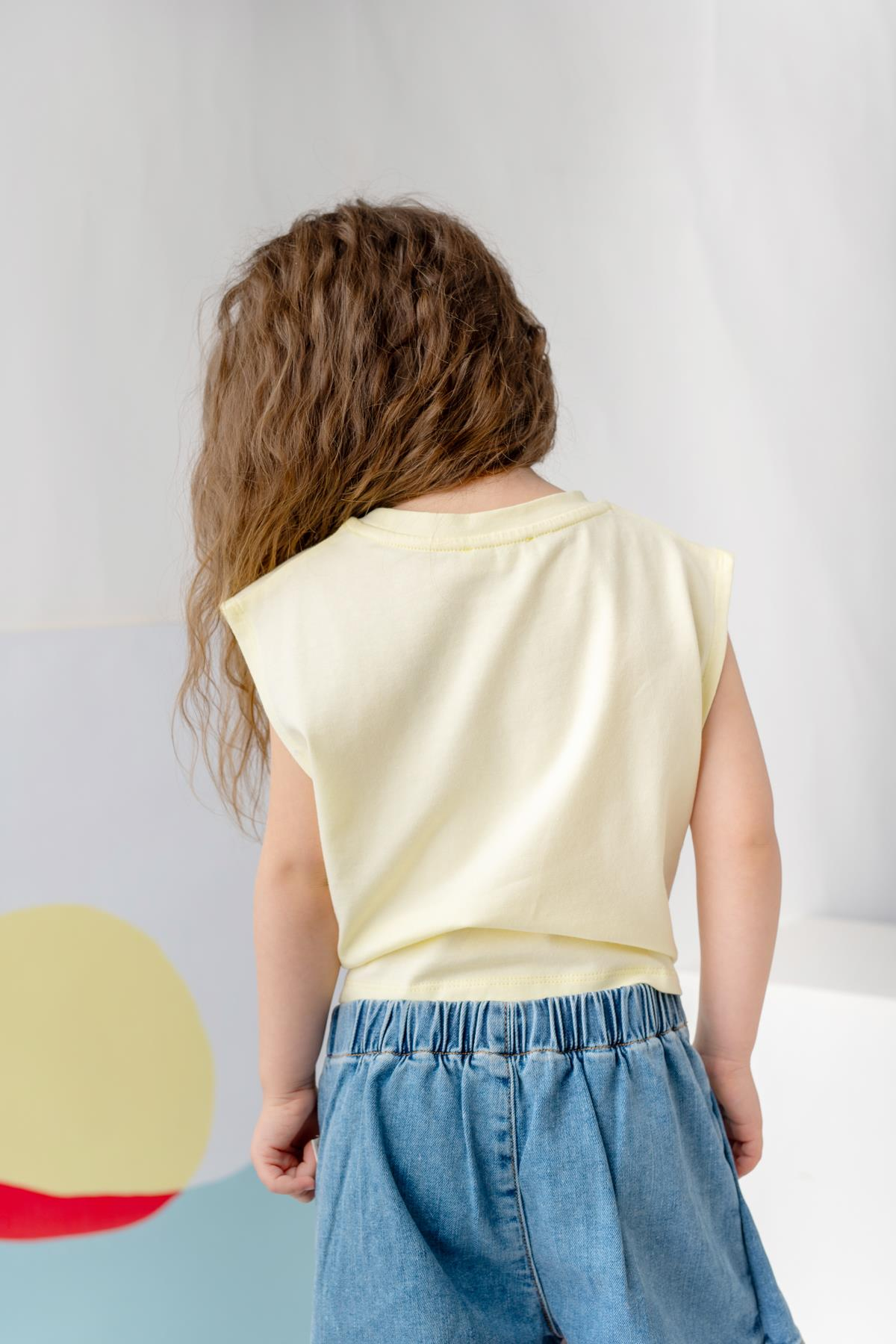 Kız Çocuk Nakış Detaylı Crop T-Shirt - Sarı