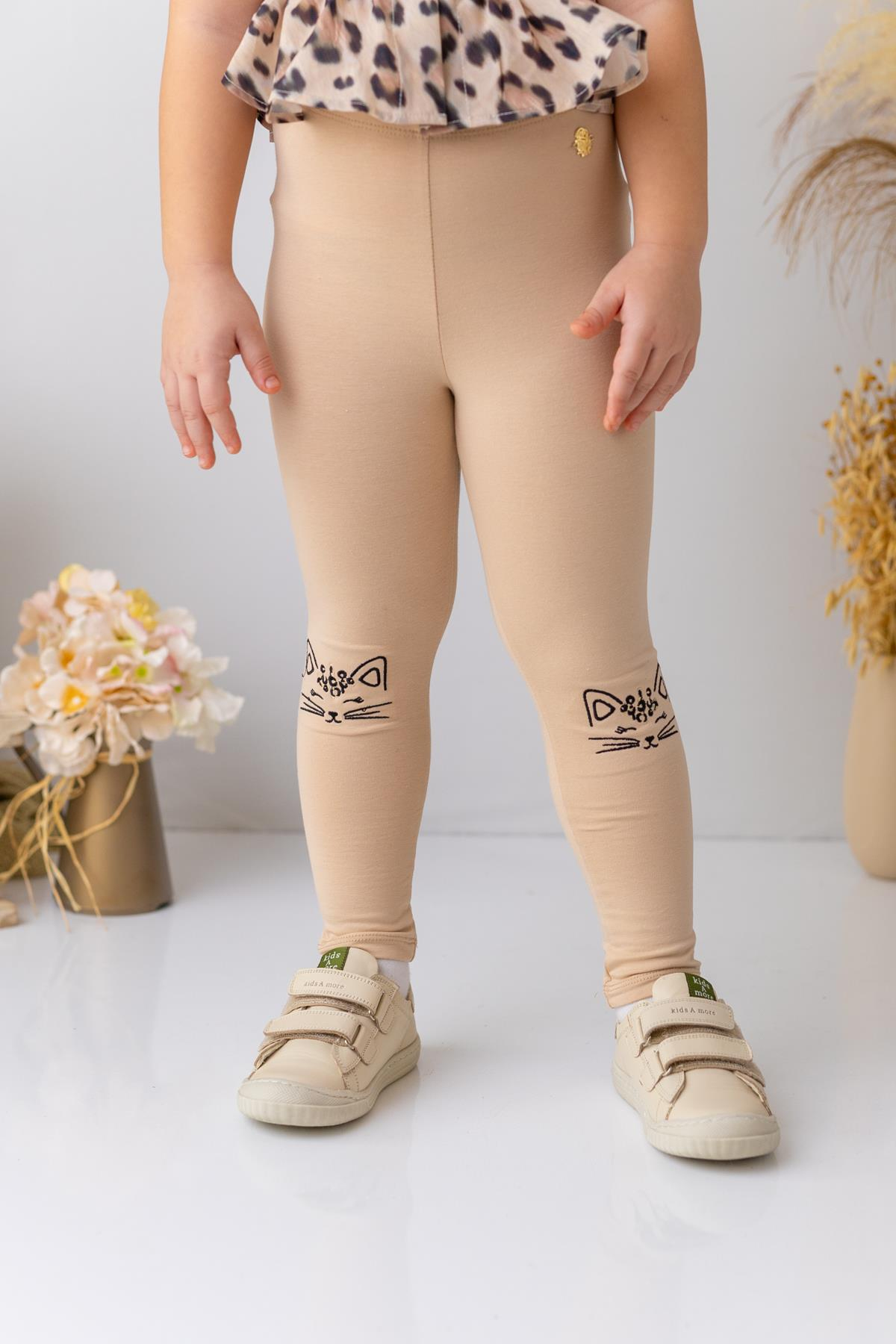 Kız Çocuk Nakış Detaylı Uzun Tayt - Bej