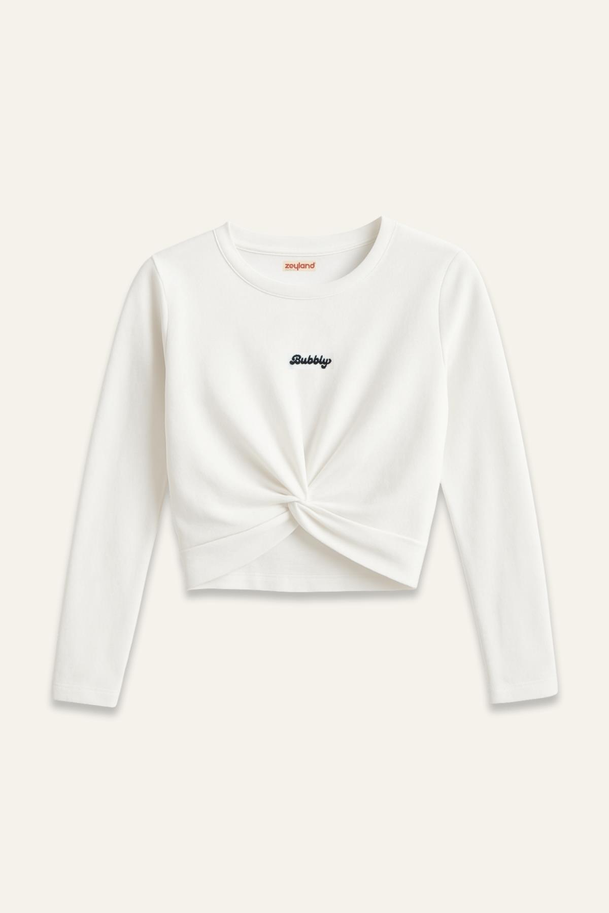 Kız Çocuk Nakışlı Uzun Kol Önden Büzgülü T-shirt - Ekru