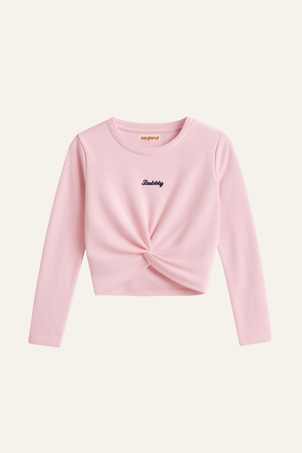 Kız Çocuk Nakışlı Uzun Kol Önden Büzgülü T-shirt - Pembe