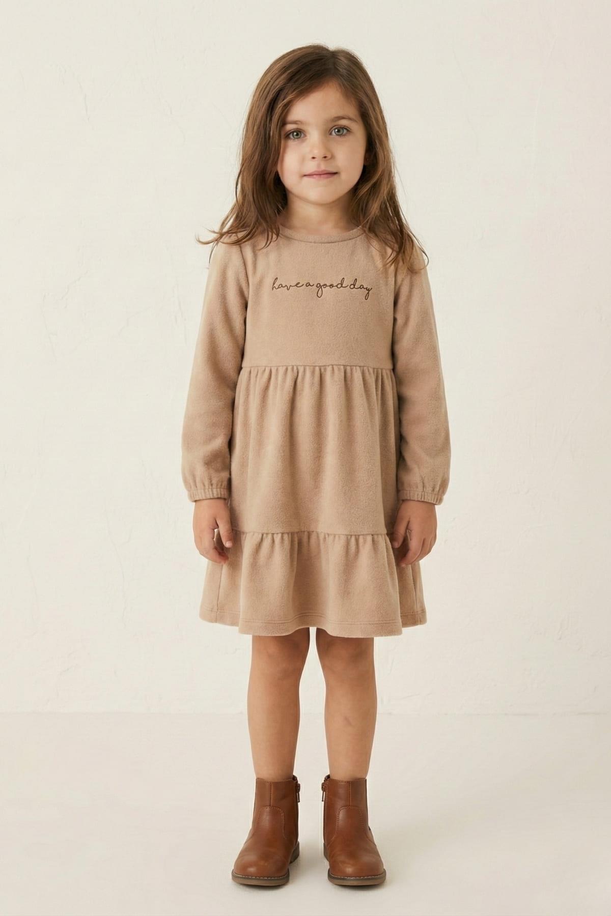Kız Çocuk Nakışlı Yumoş Elbise - Bej