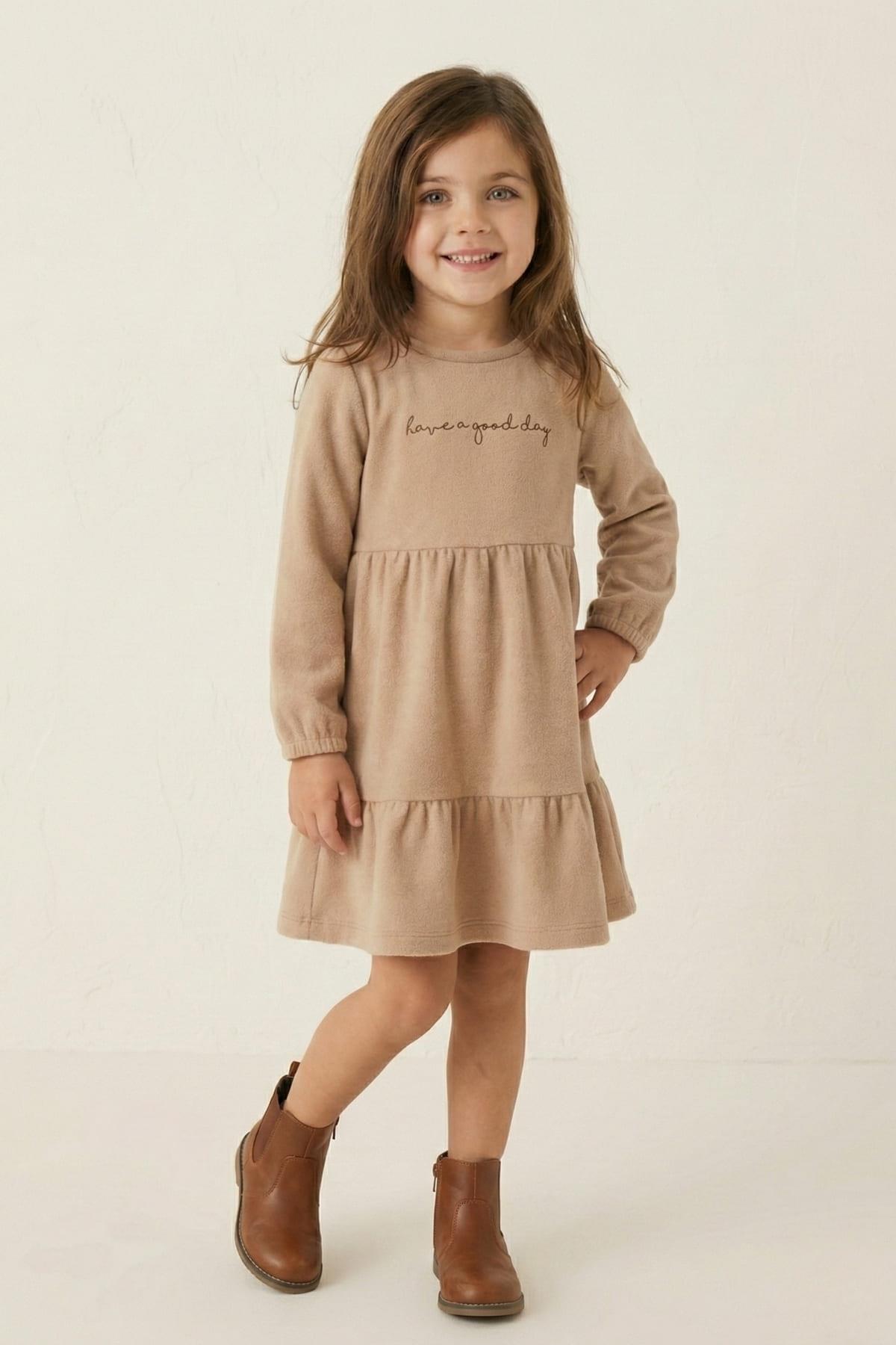 Kız Çocuk Nakışlı Yumoş Elbise - Bej