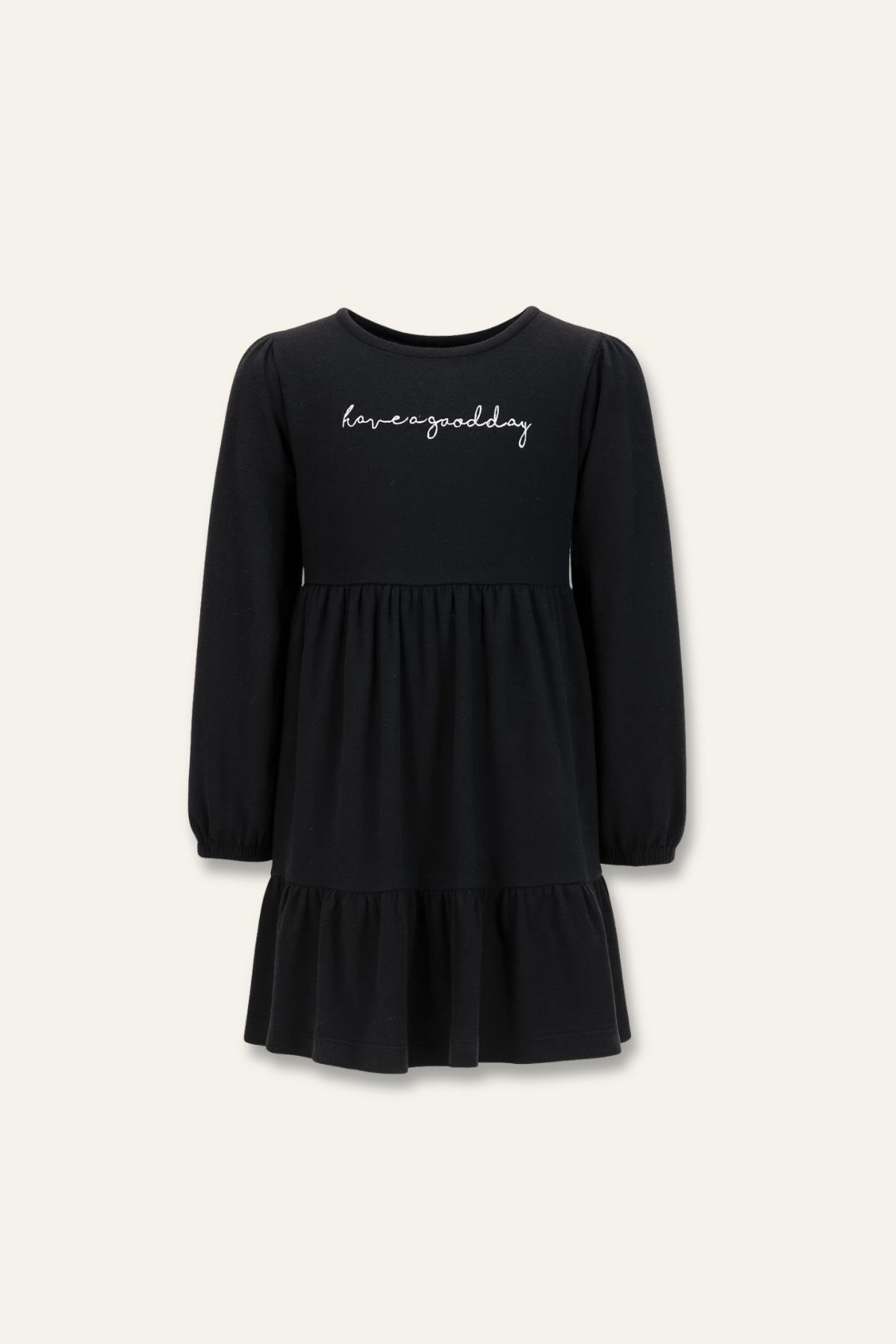 Kız Çocuk Nakışlı Yumoş Elbise - Siyah