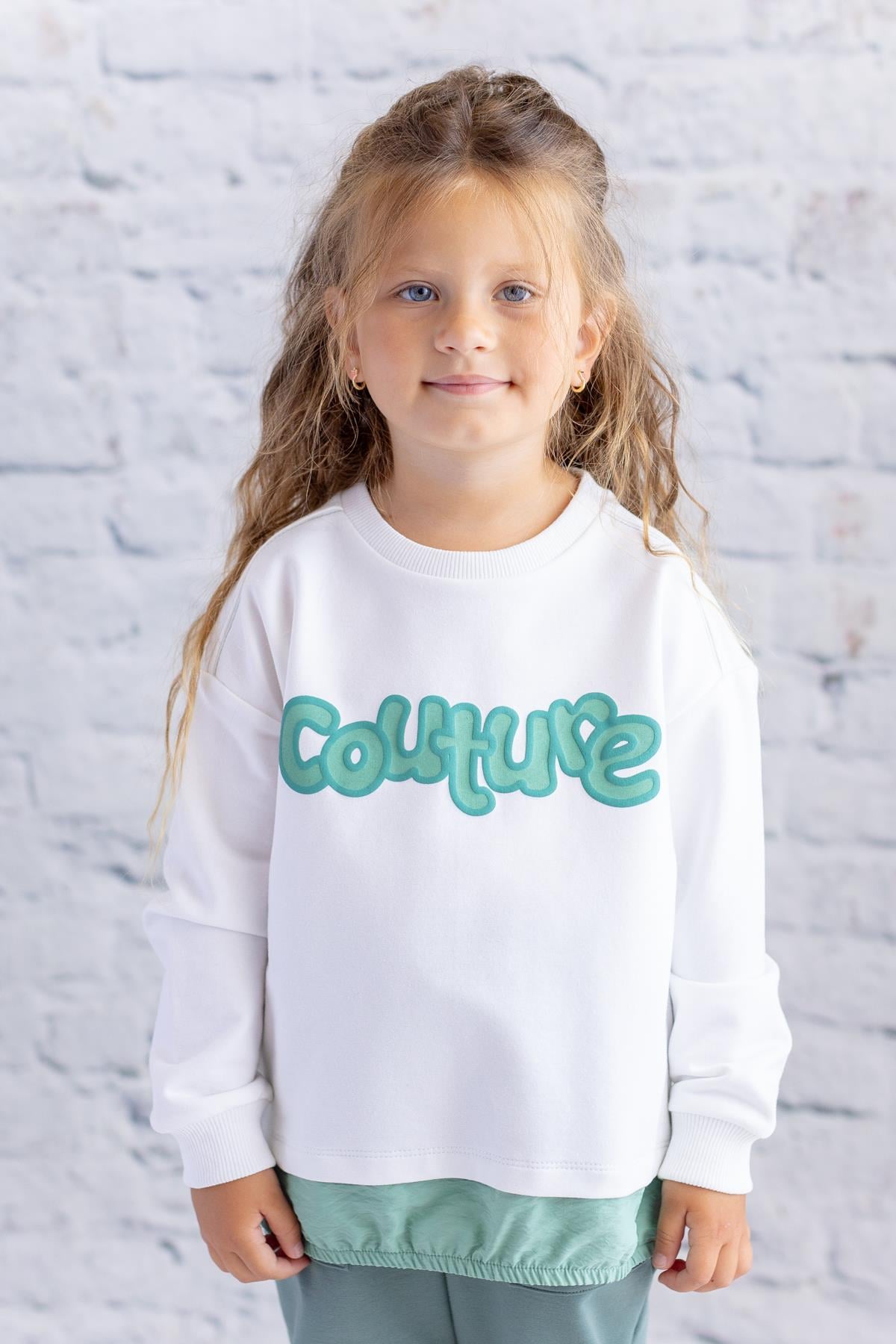 Kız Çocuk Paraşüt Kumaş Garnili Baskılı Sweatshirt - Ekru