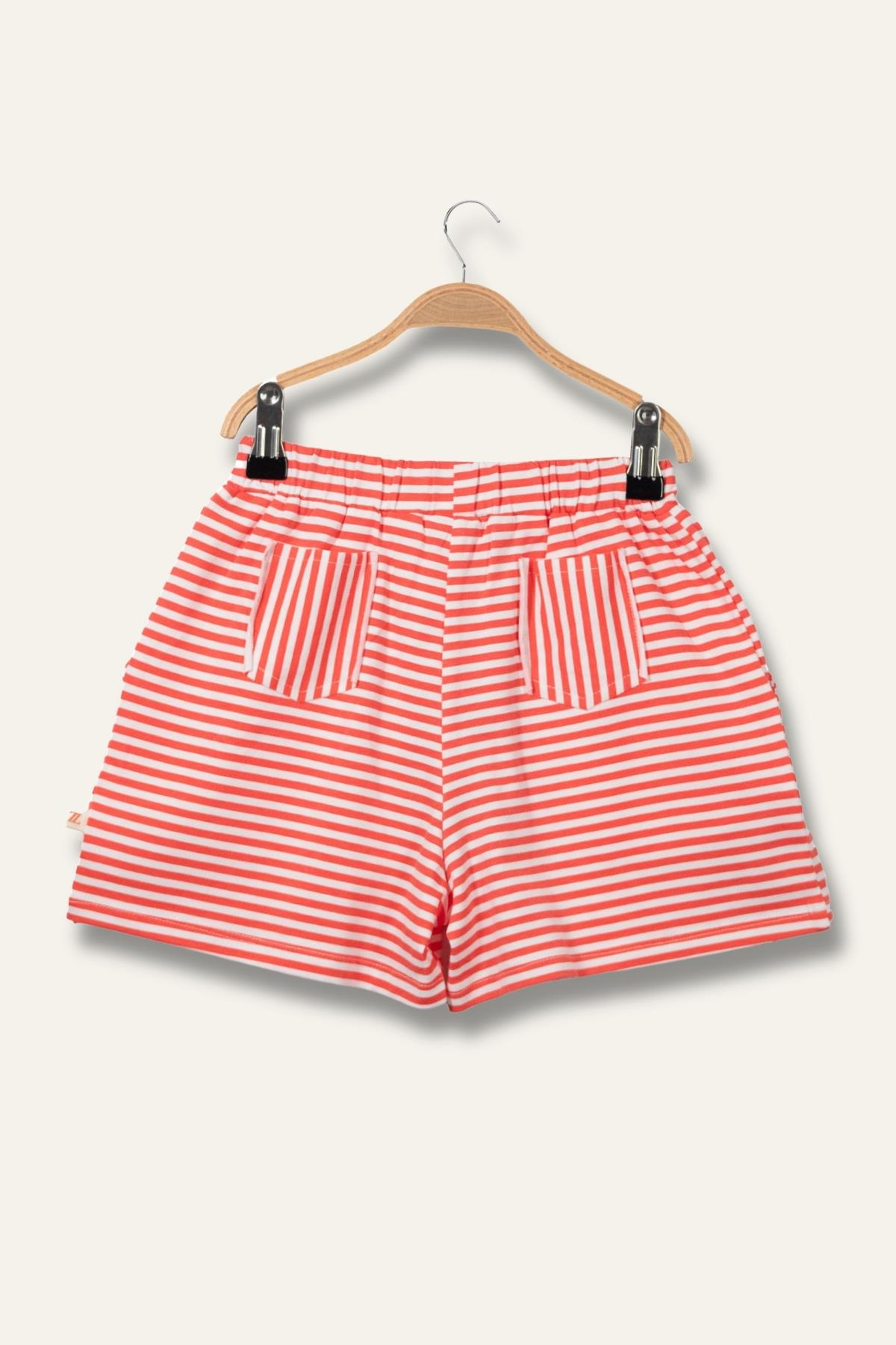 Kız Çocuk Penye Çizgili Kısa Şort - Coral Çizgili