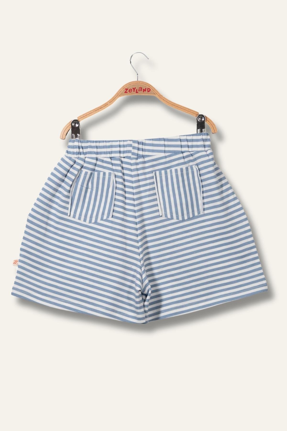 Kız Çocuk Penye Çizgili Kısa Şort - Mavi Çizgili