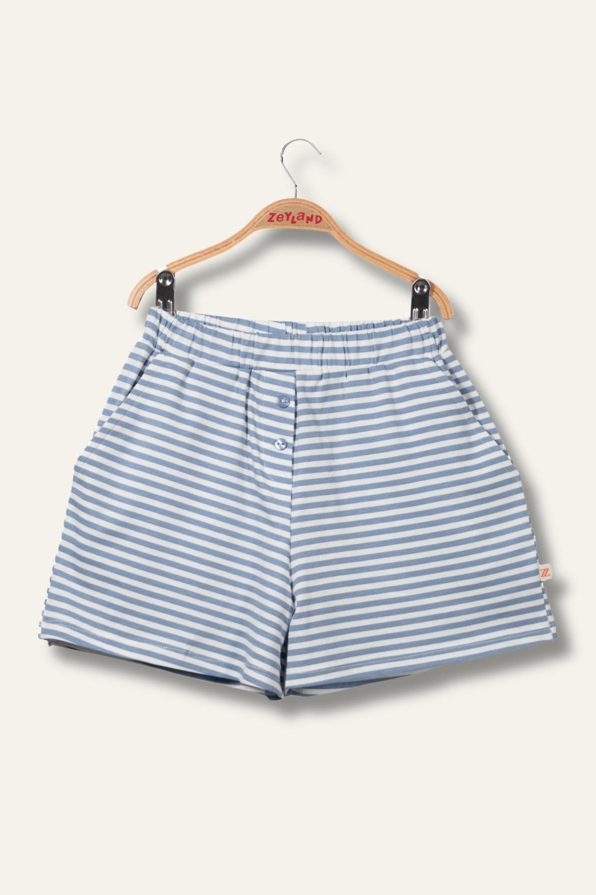 Kız Çocuk Penye Çizgili Kısa Şort - Mavi Çizgili