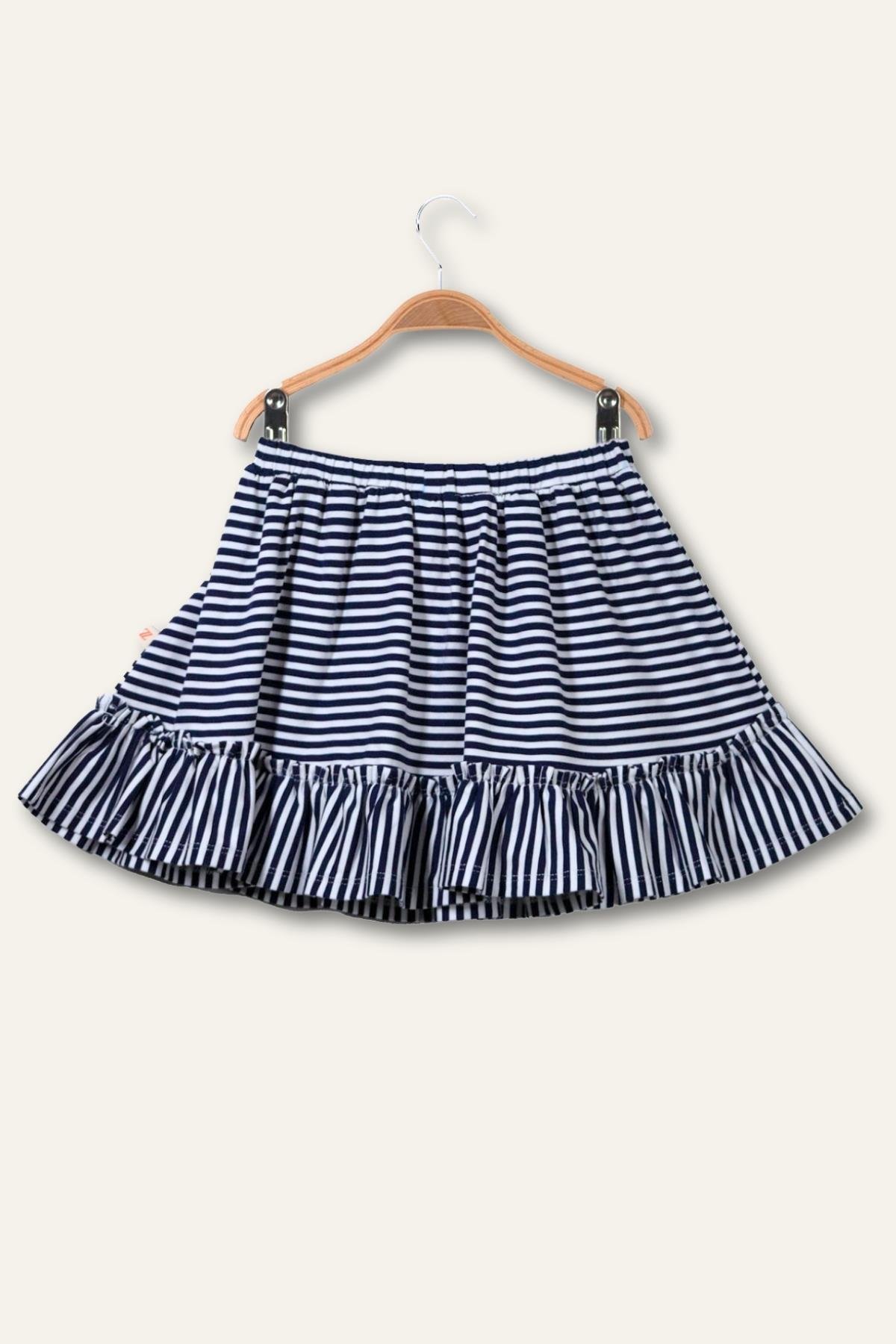 Kız Çocuk Penye Fırfırlı Çizgili Etek - Lacivert Çizgili