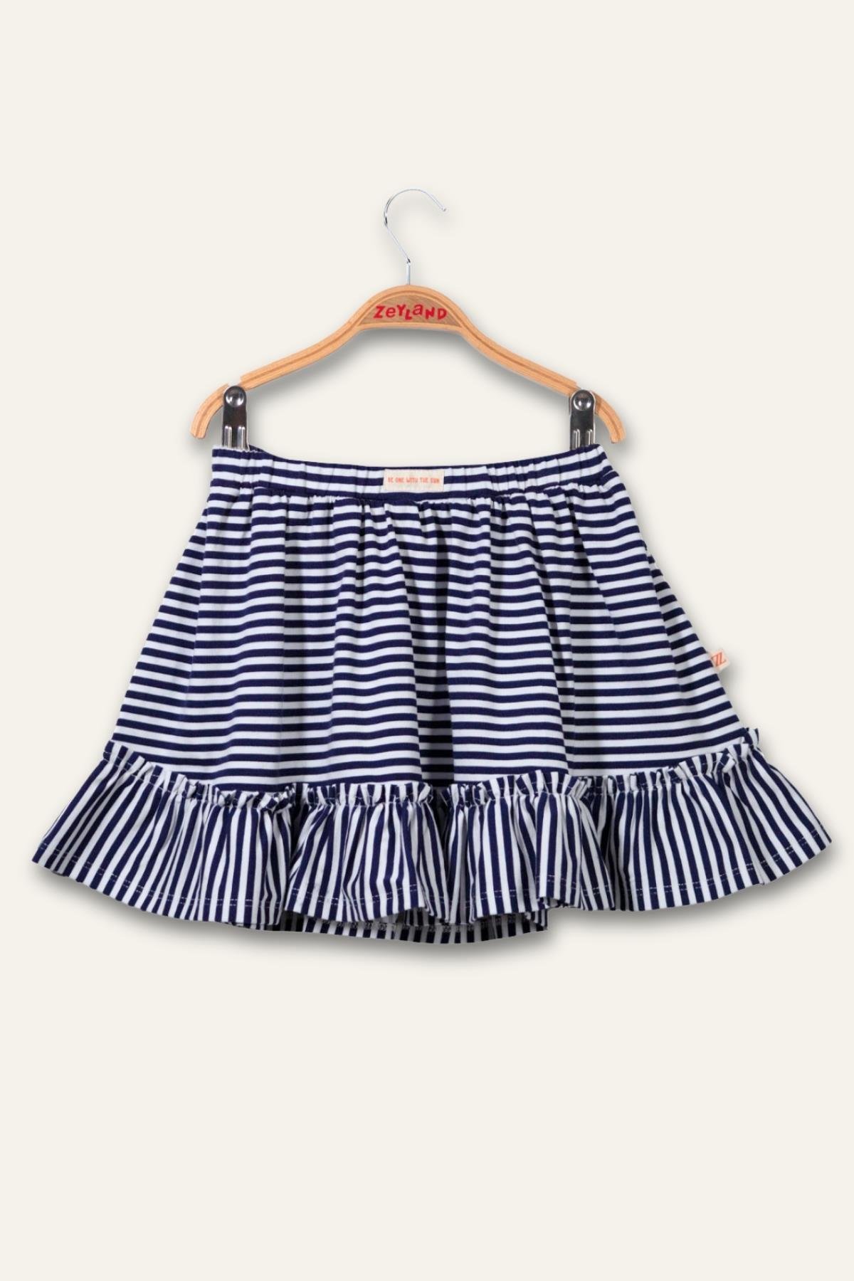 Kız Çocuk Penye Fırfırlı Çizgili Etek - Lacivert Çizgili