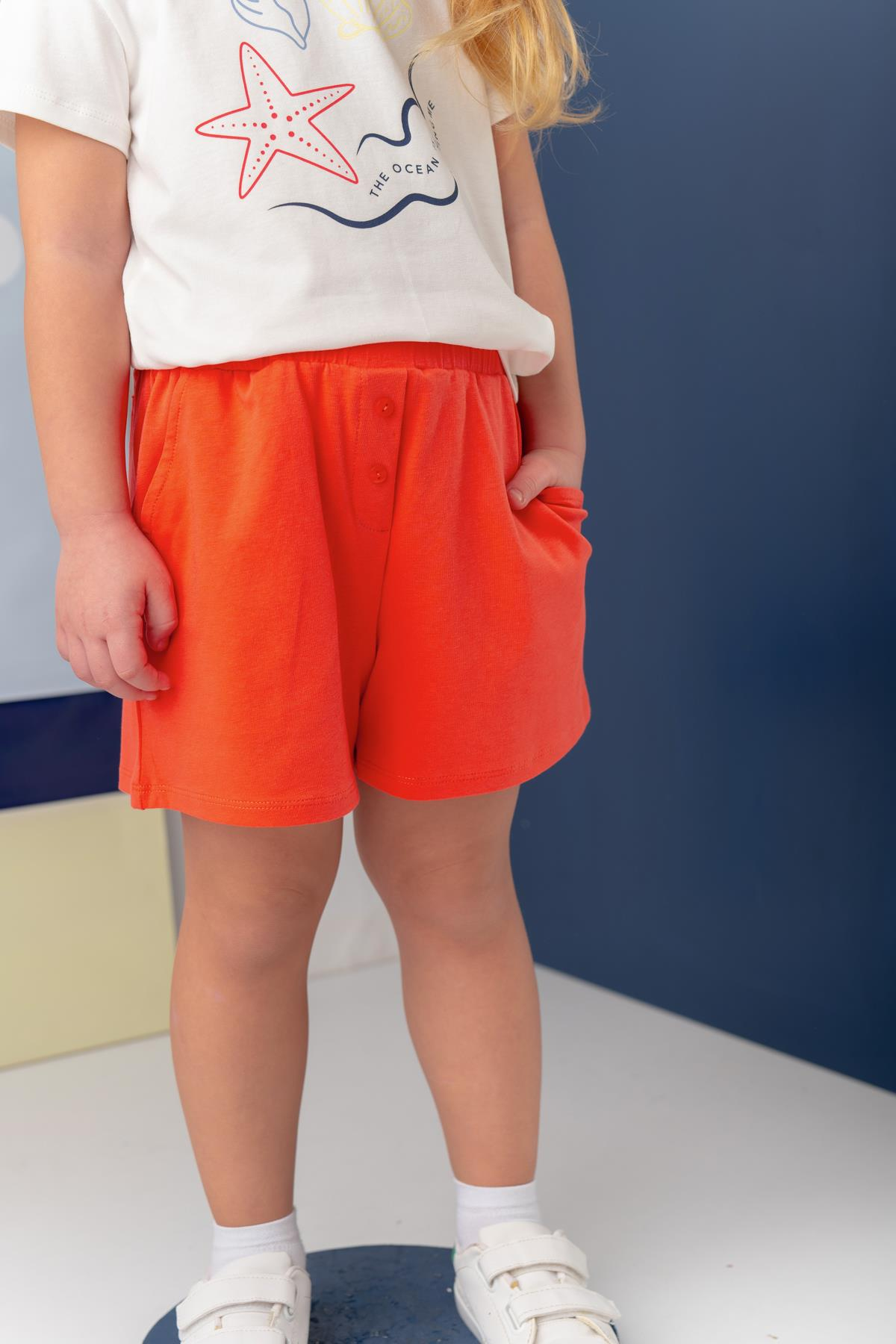 Kız Çocuk Penye Kısa Şort - Coral