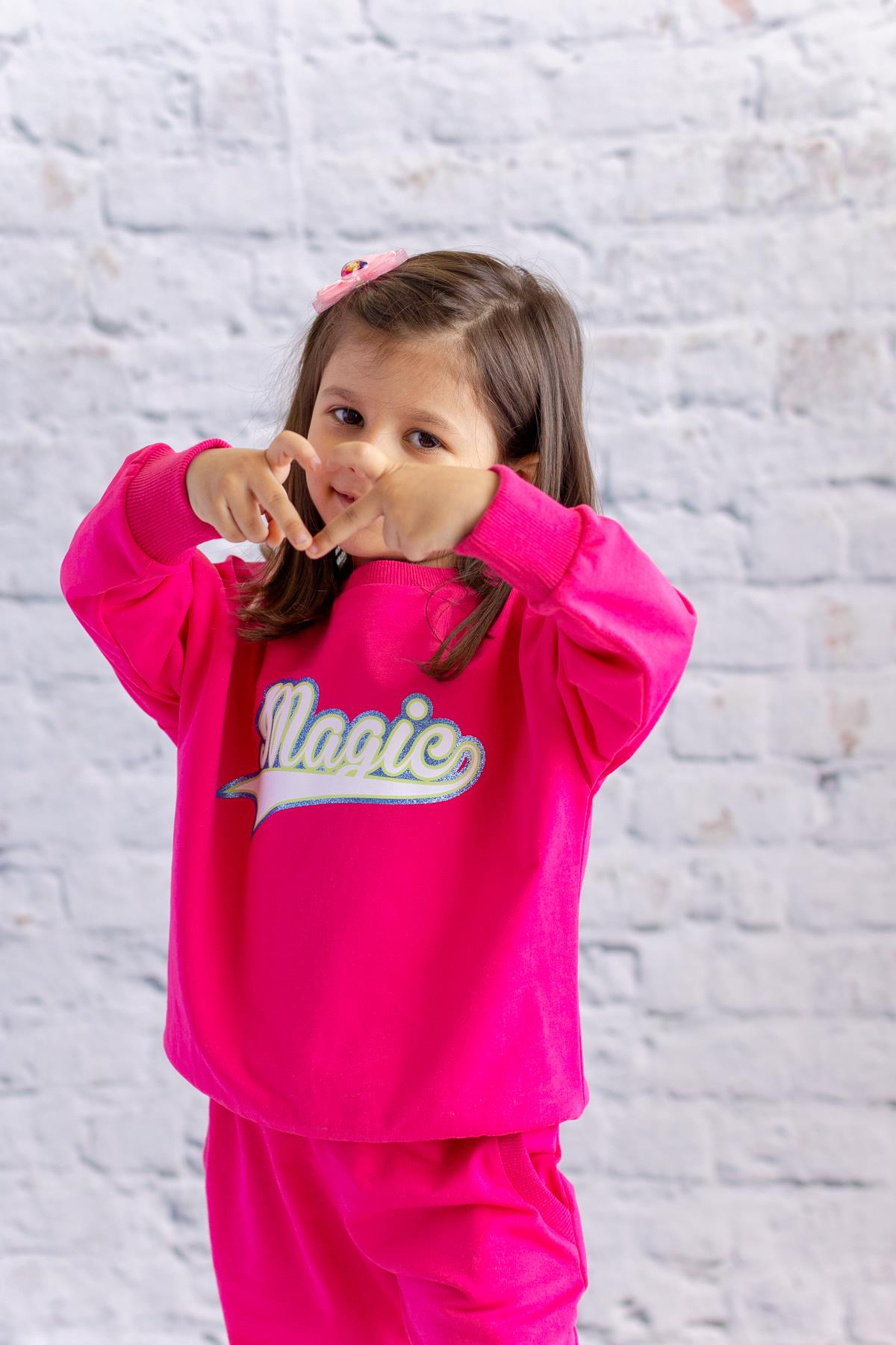 Kız Çocuk Sim Baskılı Basic Sweatshirt - Fusya