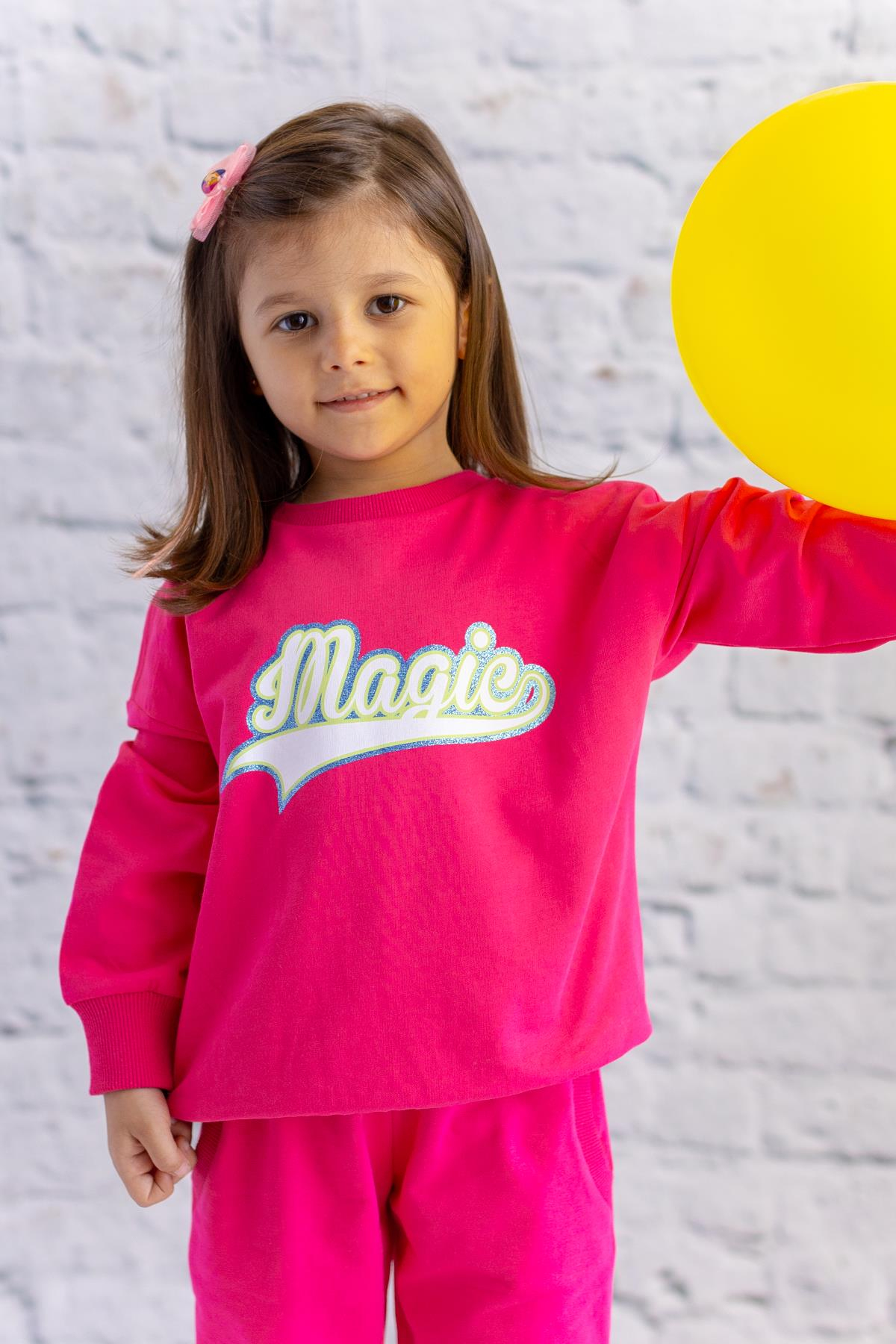 Kız Çocuk Sim Baskılı Basic Sweatshirt - Fusya