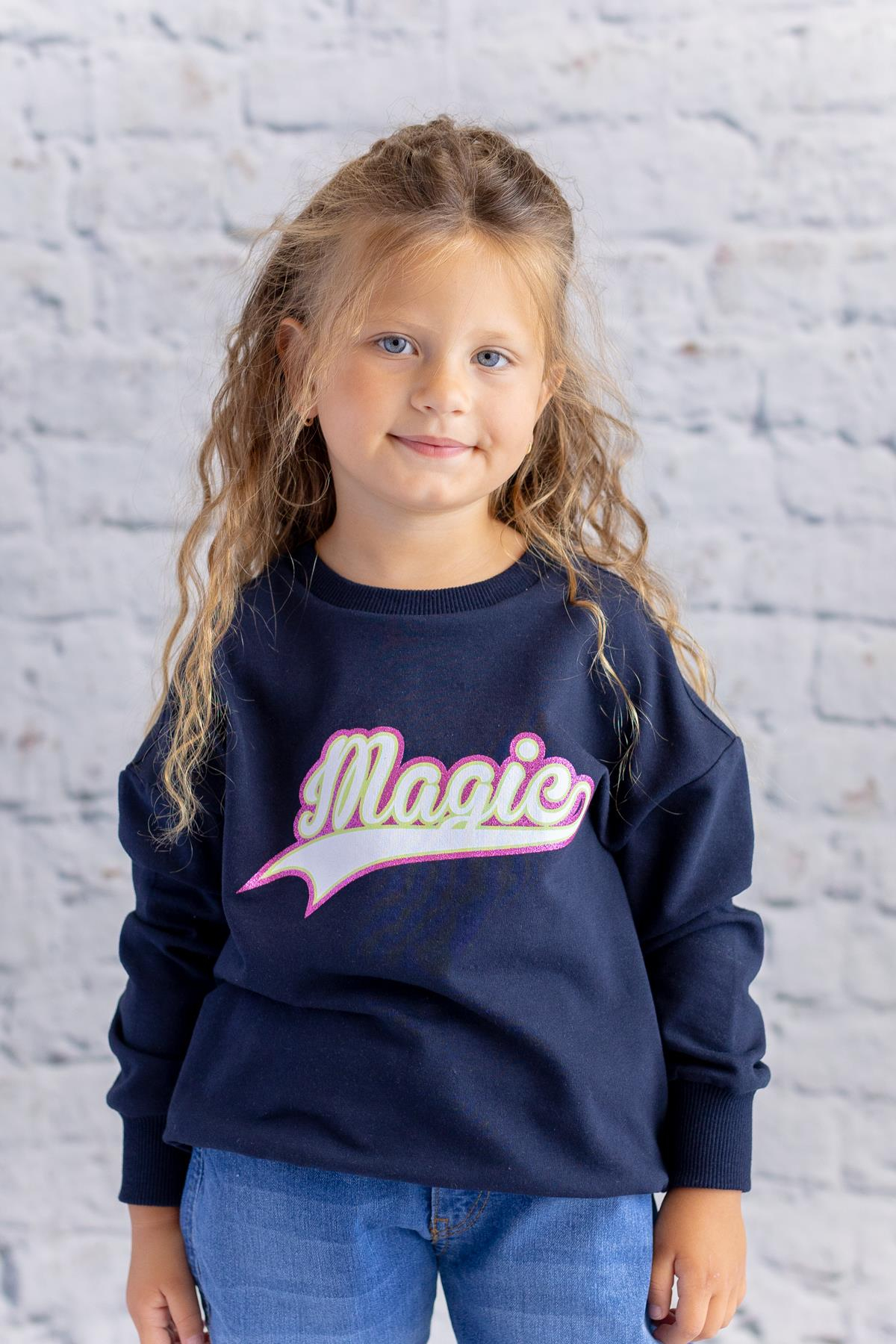 Kız Çocuk Sim Baskılı Basic Sweatshirt - Lacivert