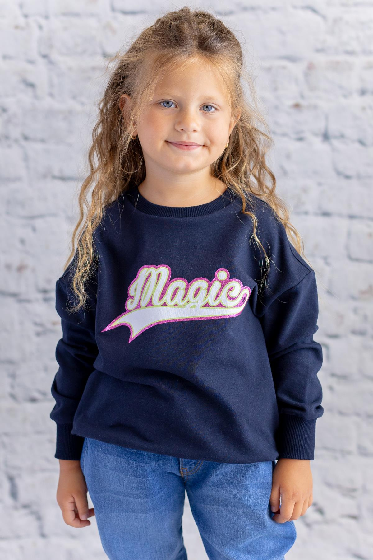 Kız Çocuk Sim Baskılı Basic Sweatshirt - Lacivert