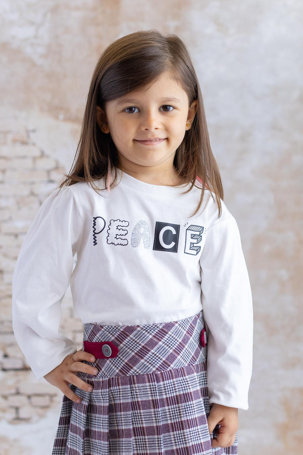 Kız Çocuk Sim Baskılı Kolu Büzgülü T-Shirt - Siyah