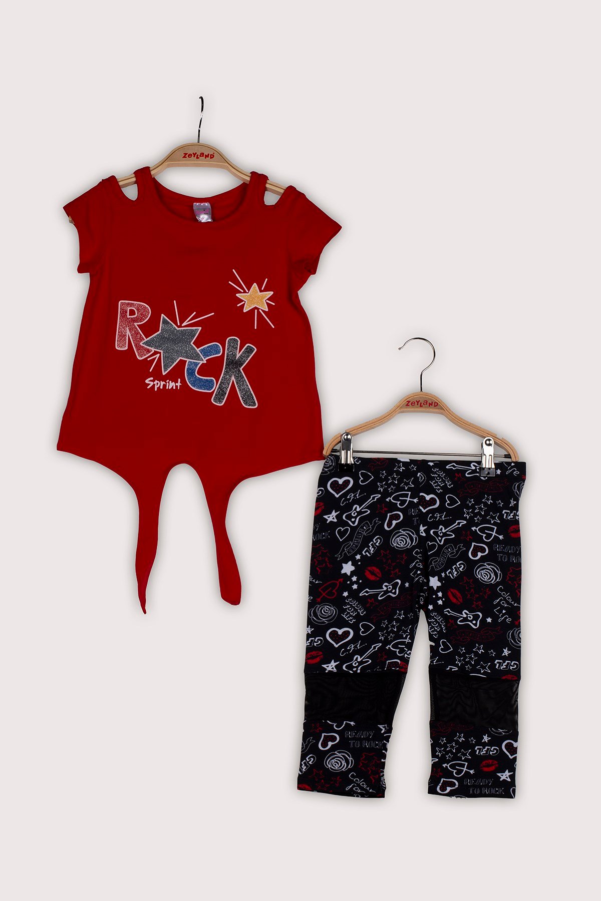 Kız Çocuk Simli Rock Baskılı T-Shirt ve Tayt Takım (6-16yaş)