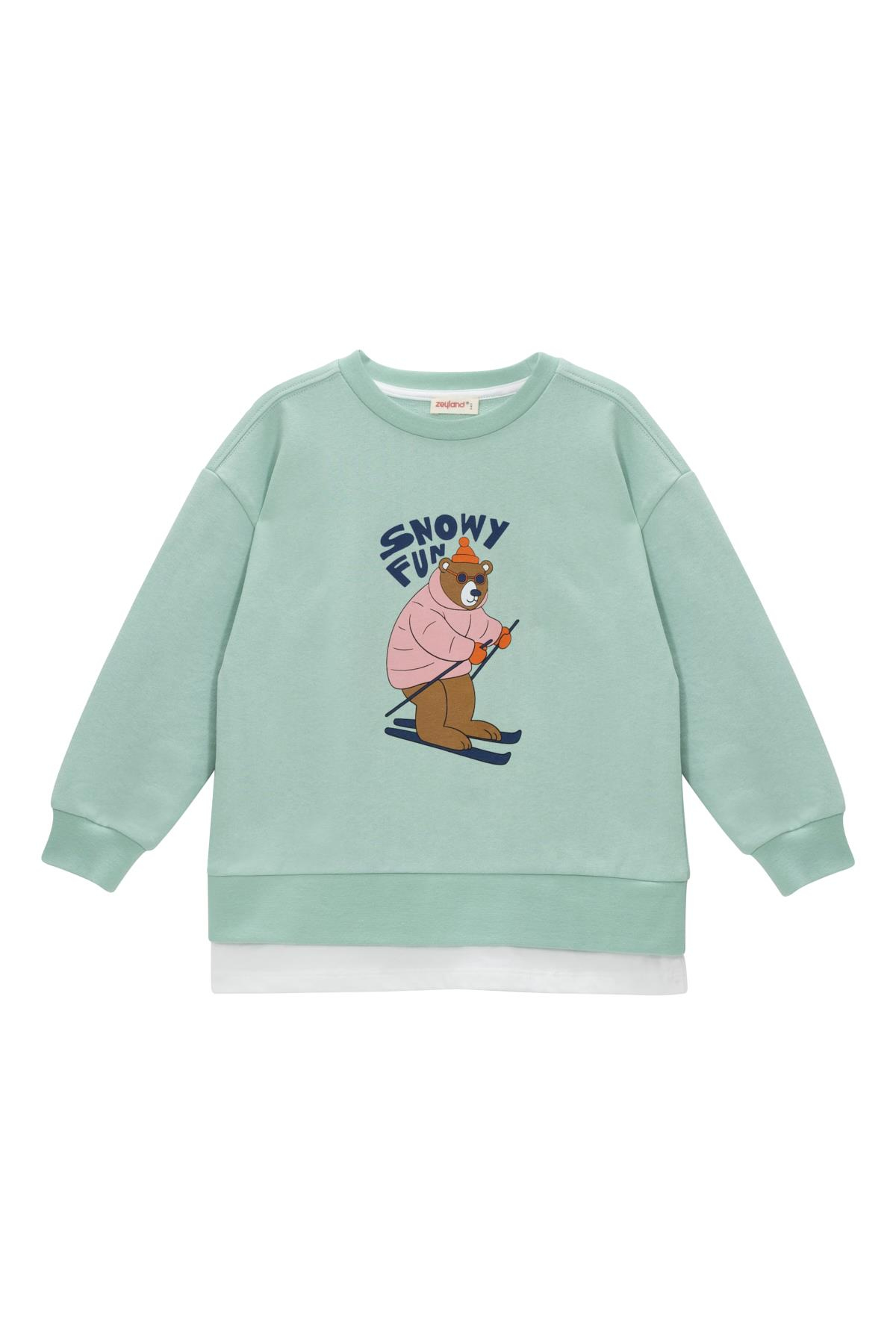 Kız Çocuk Suprem Garnili Ayı Baskılı Sweatshirt - Yeşil