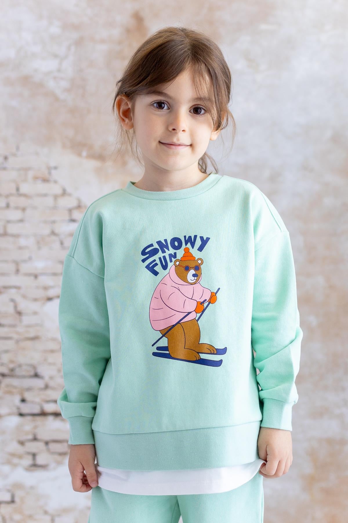 Kız Çocuk Suprem Garnili Ayı Baskılı Sweatshirt - Yeşil