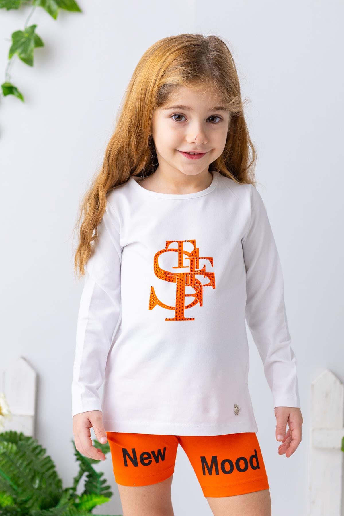 Kız Çocuk Taş Detaylı Uzun Kollu T-shirt - Beyaz