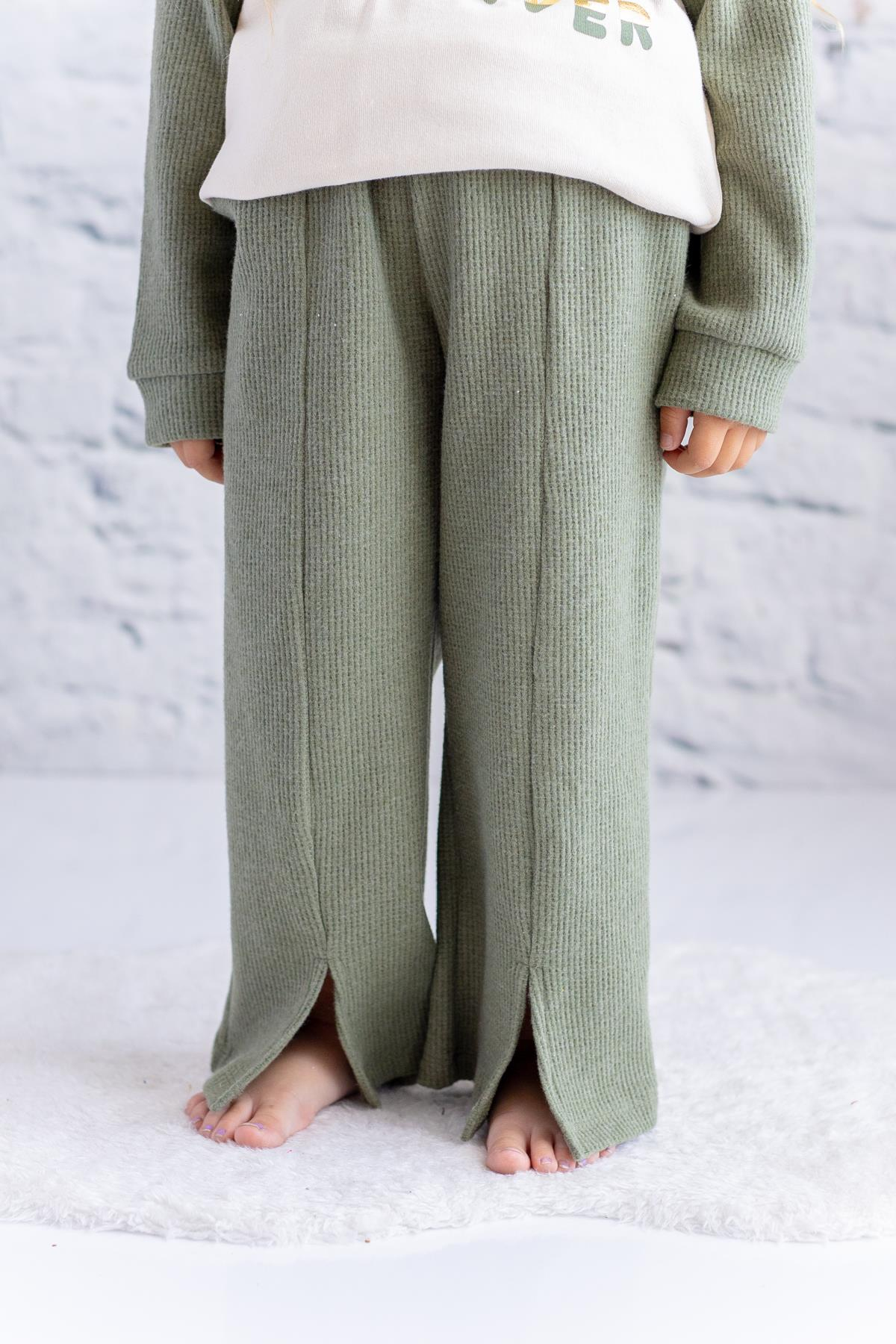 Kız Çocuk Waffle Kumaş Yırtmaç Detaylı Eşofman Altı - Haki