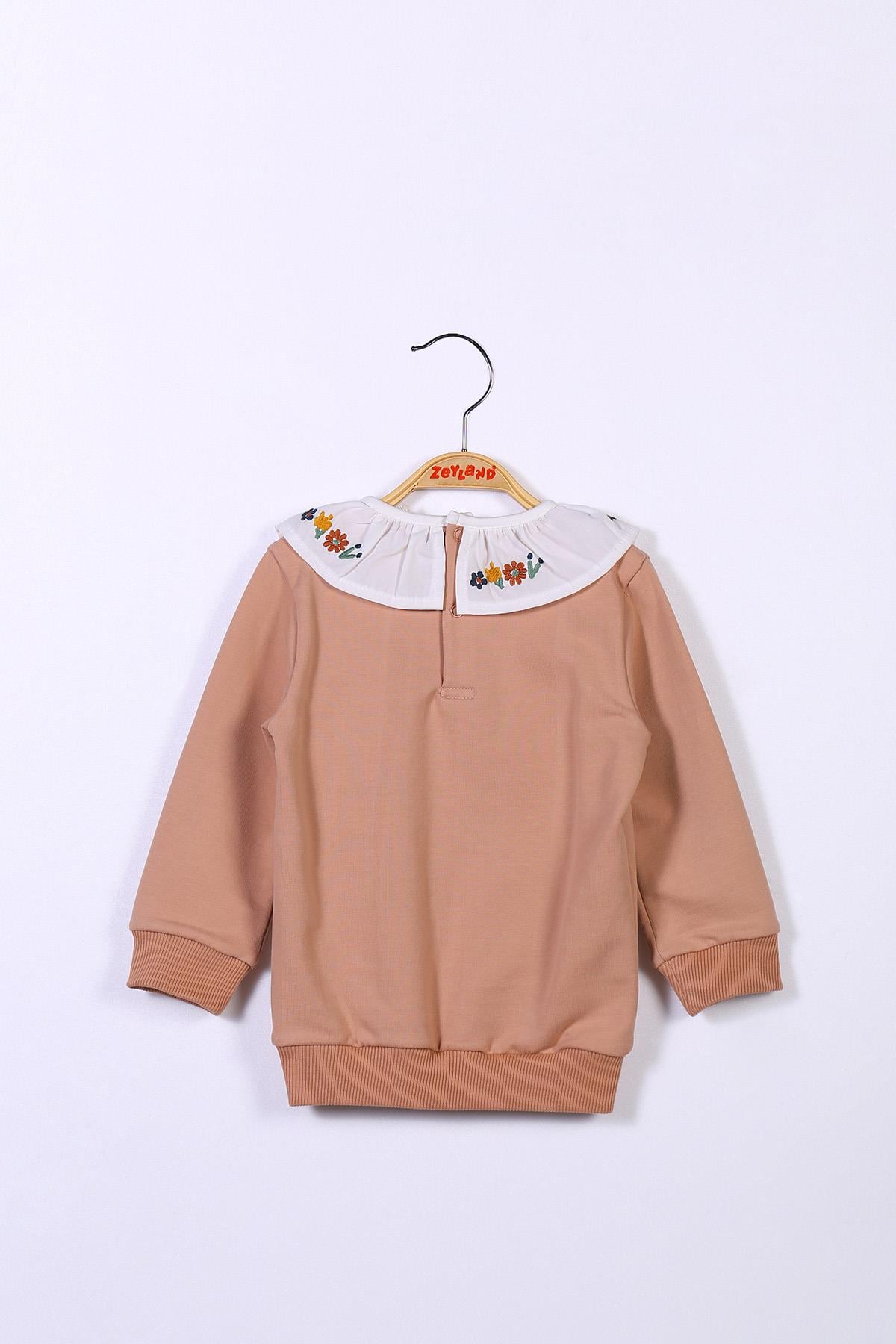 Kız Çocuk Yakası Çiçek Nakışlı Sweatshirt