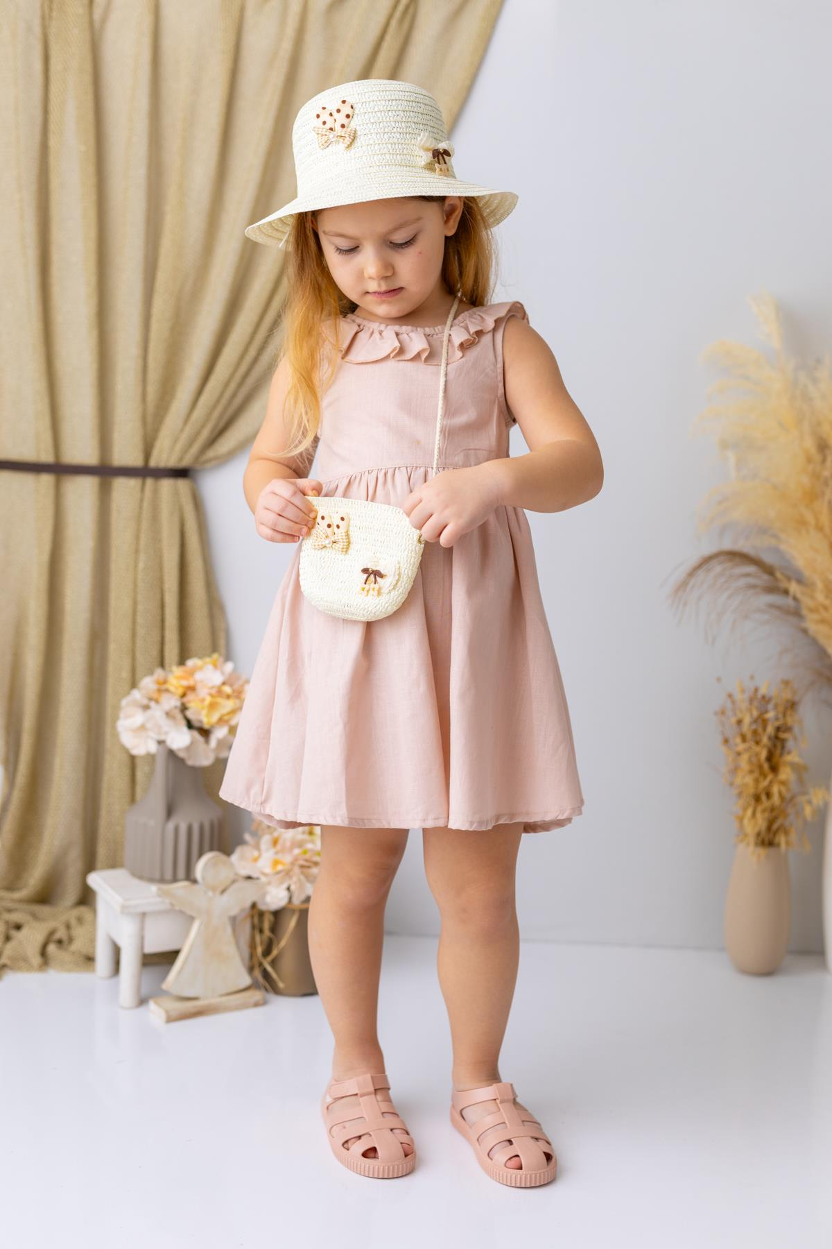 Kız Çocuk Yakası Fırfırlı Volanlı Elbise - Yavruağzı