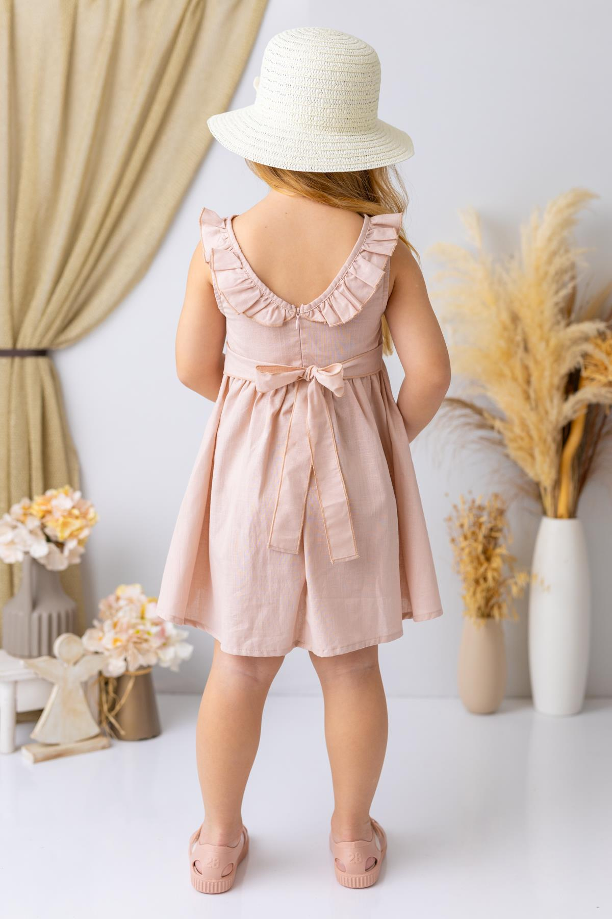 Kız Çocuk Yakası Fırfırlı Volanlı Elbise - Yavruağzı