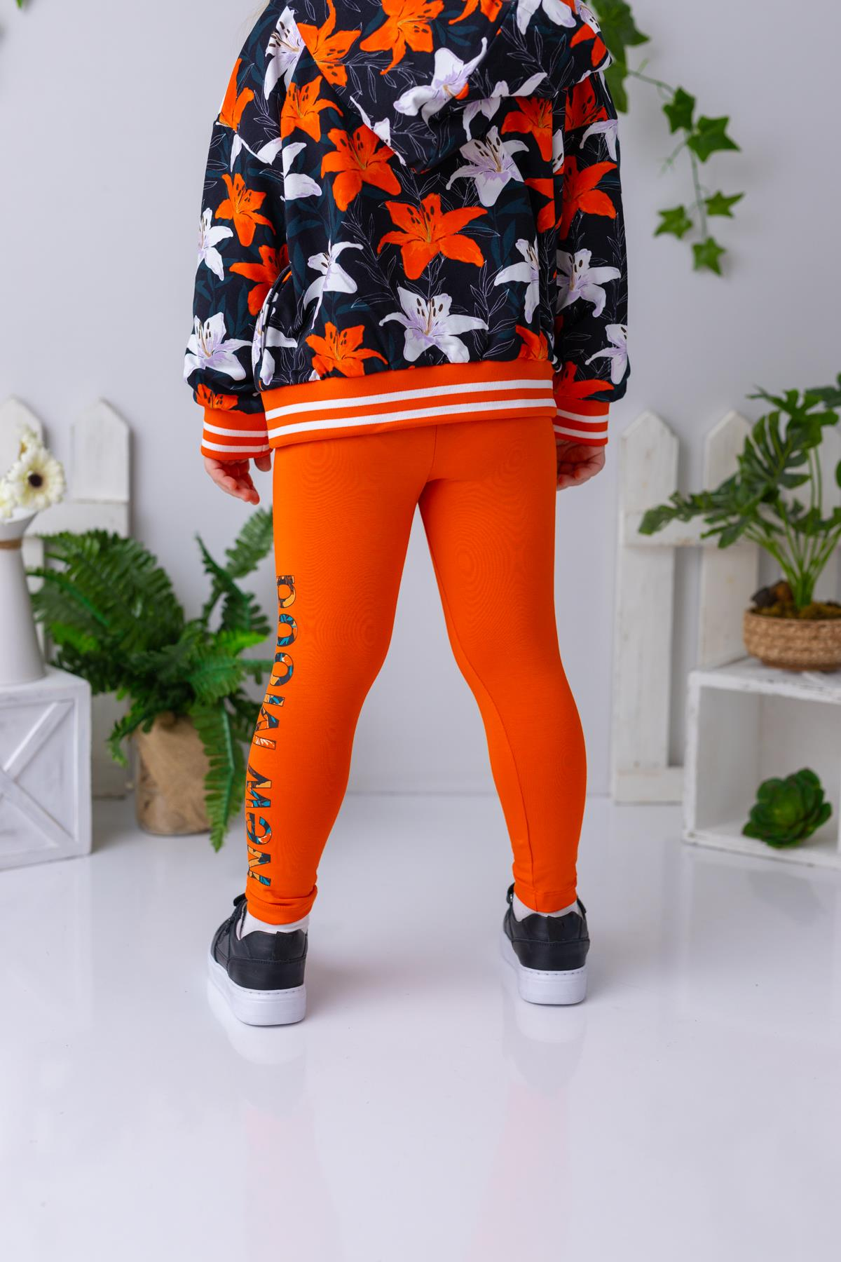Kız Çocuk Yazı Baskılı Uzun Tayt - Oranj