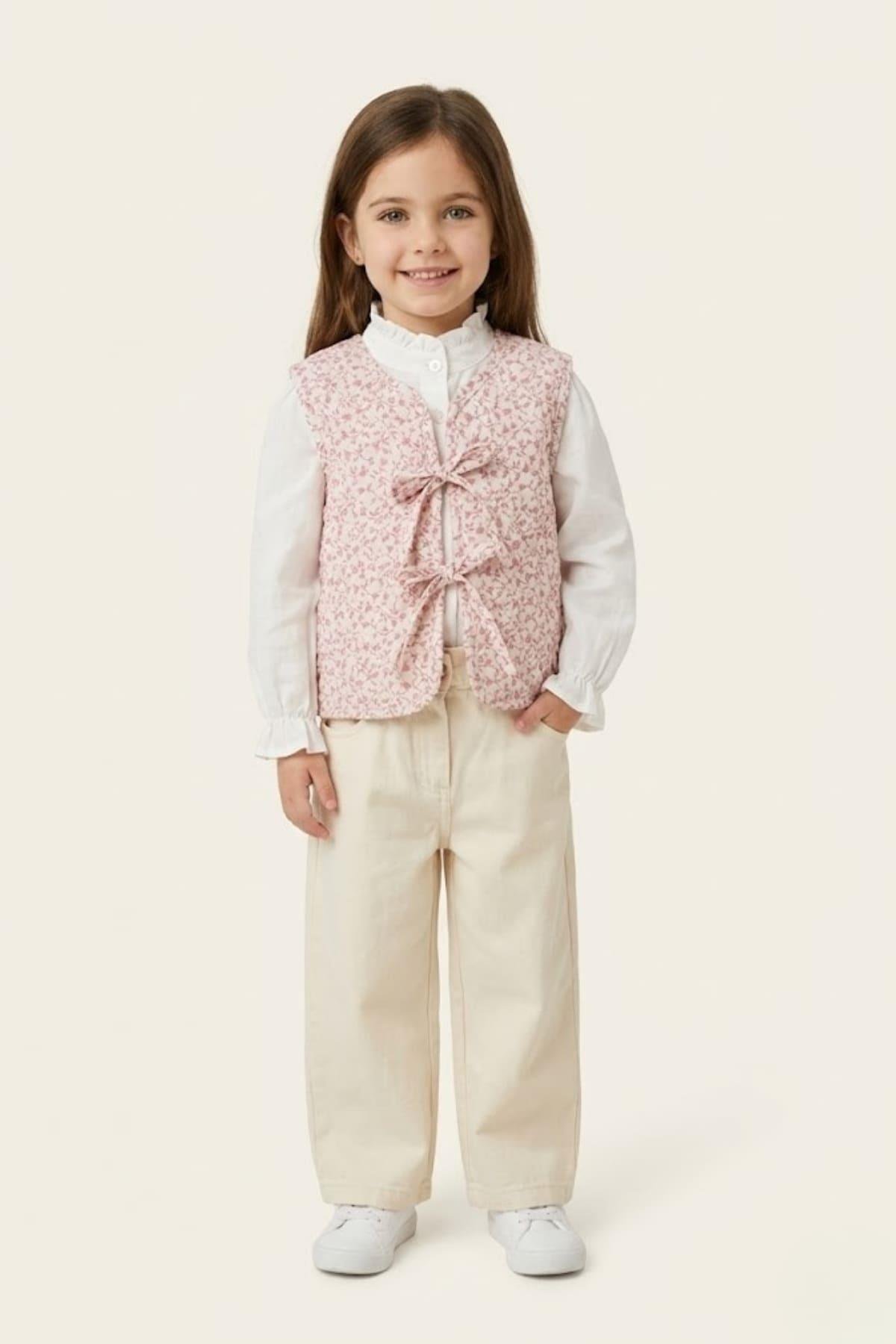 Kız Çocuk Yelekli 3'lü Takım  - Pudra