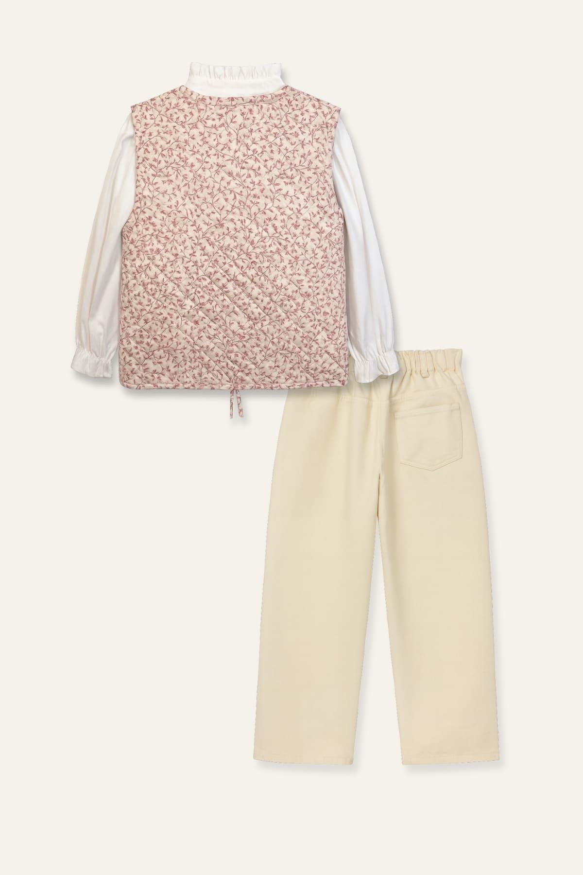 Kız Çocuk Yelekli 3'lü Takım  - Pudra