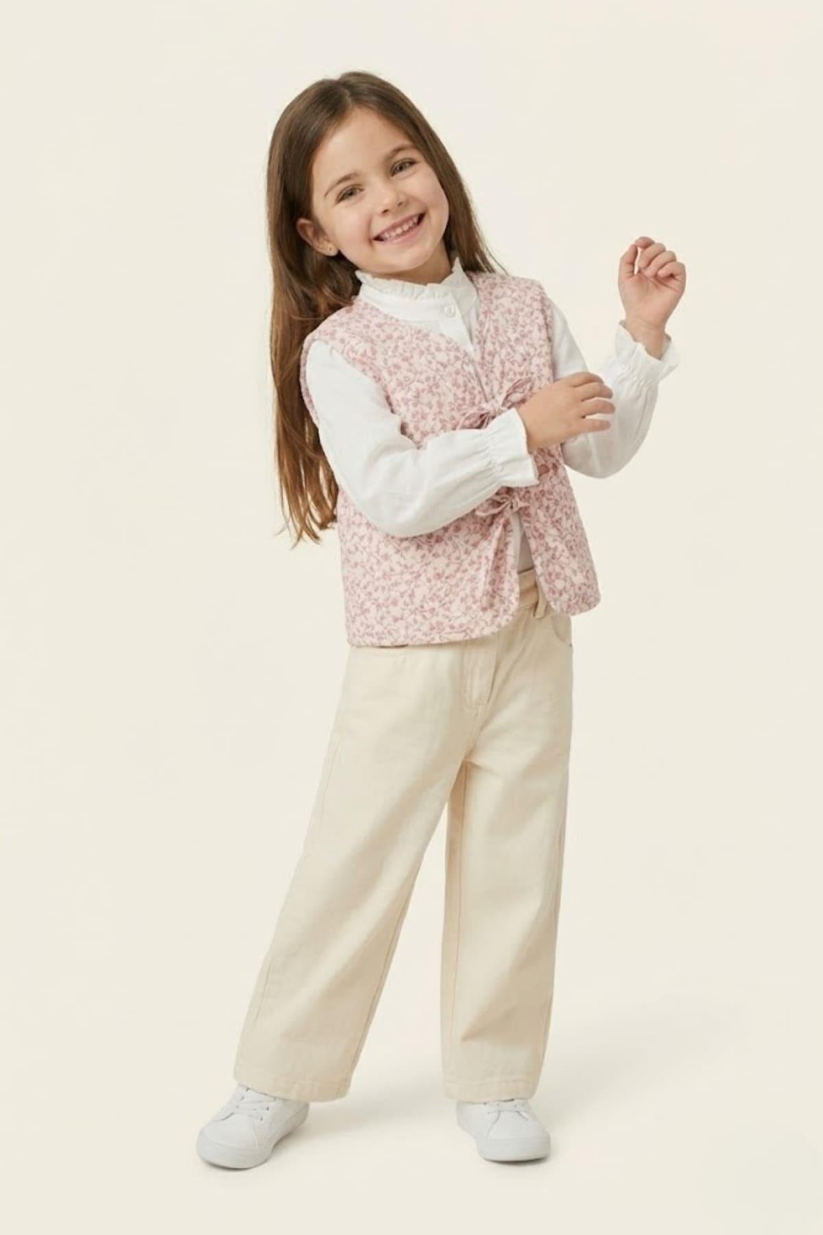 Kız Çocuk Yelekli 3'lü Takım  - Pudra