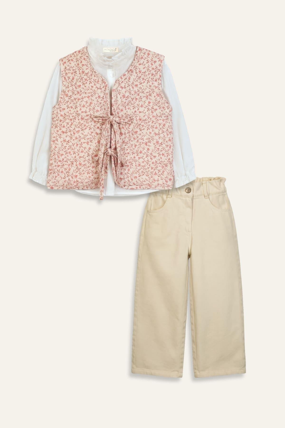 Kız Çocuk Yelekli 3'lü Takım  - Pudra