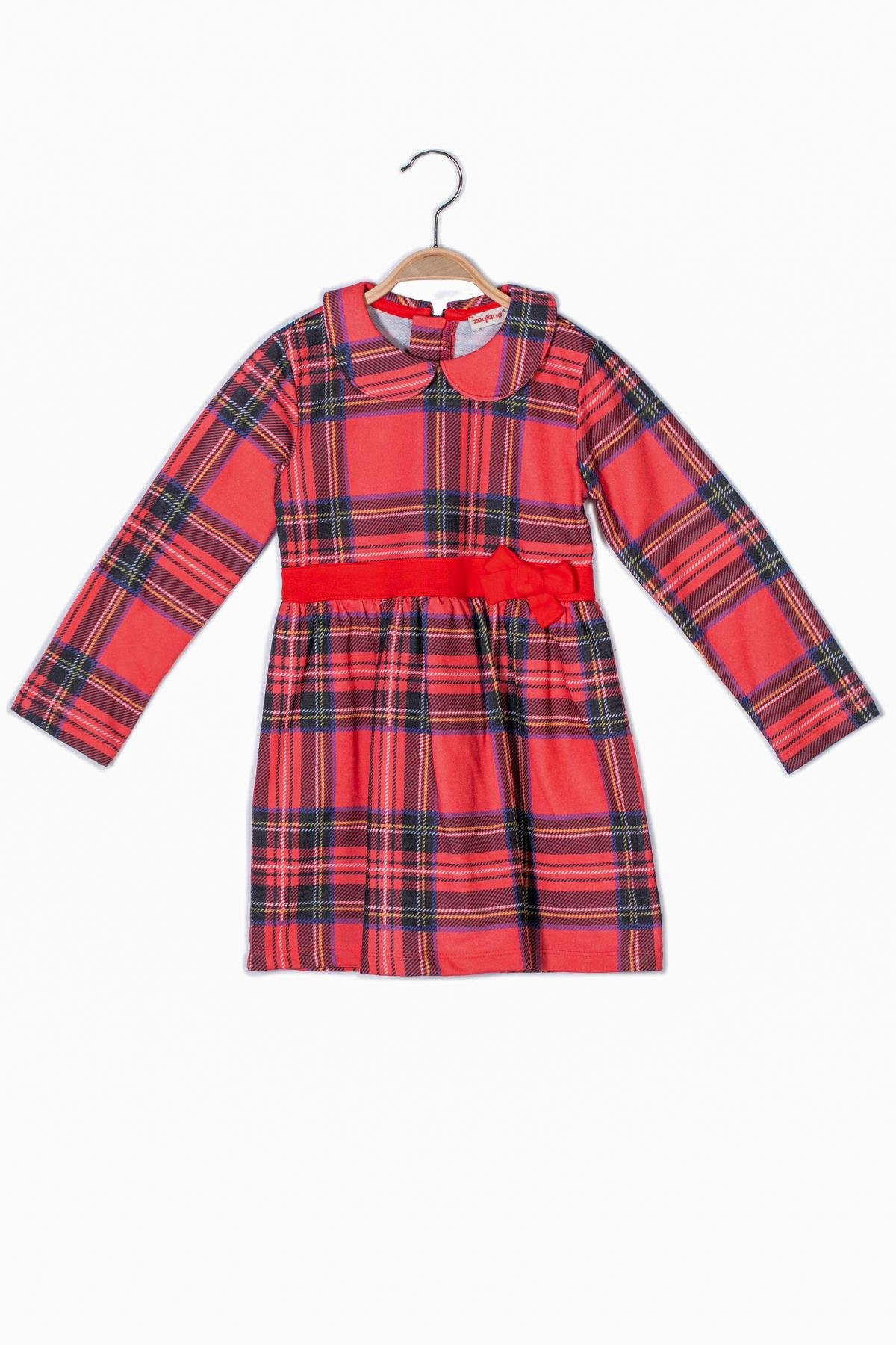 KIZ COCUK YILBASI TEMALI EKOSE DESENLI ELBISE