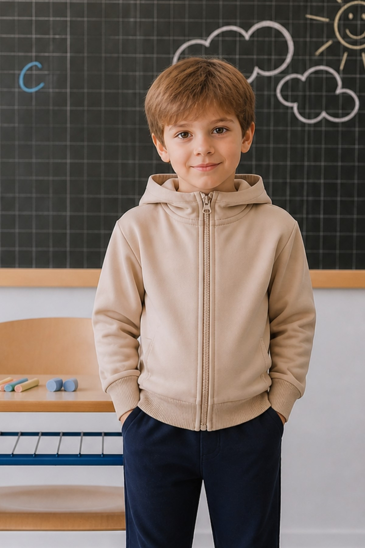 Kız Erkek Çocuk Basic Kapüşonlu Ceket - Bej