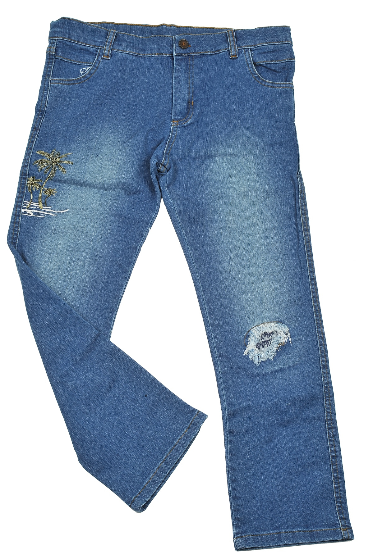 Erkek Çocuk Mavi Palmiye Nakışlı Kot Pantolon (5-14yaş)