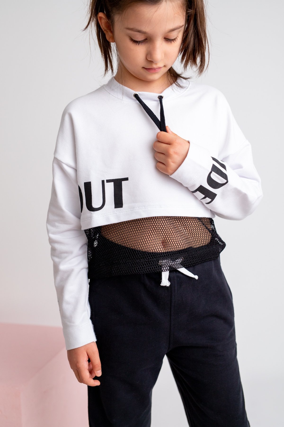Kız Çocuk Go Play Fileli Crop Beyaz Sweatshirt (4-12yaş)