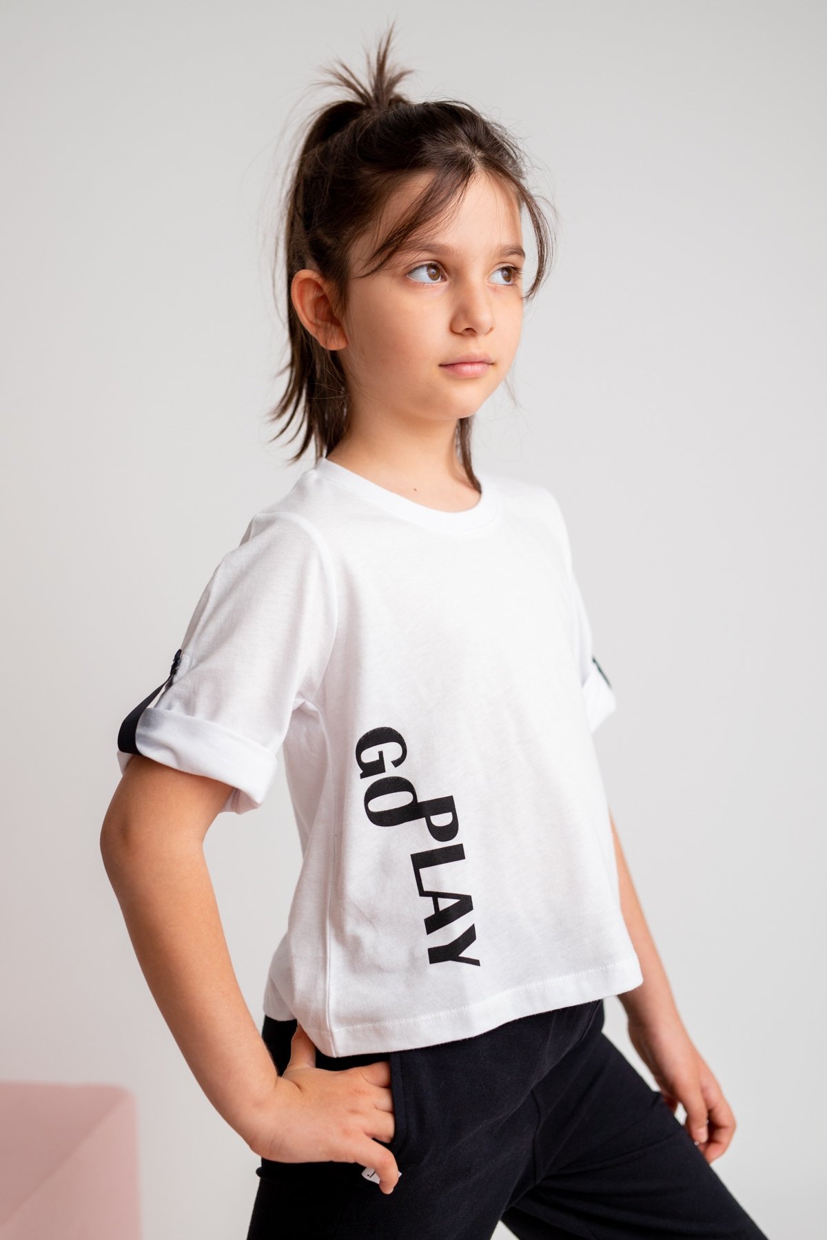 Kız Çocuk Go Play Baskılı Kolları Katlamalı Beyaz T-Shirt (4-12yaş)