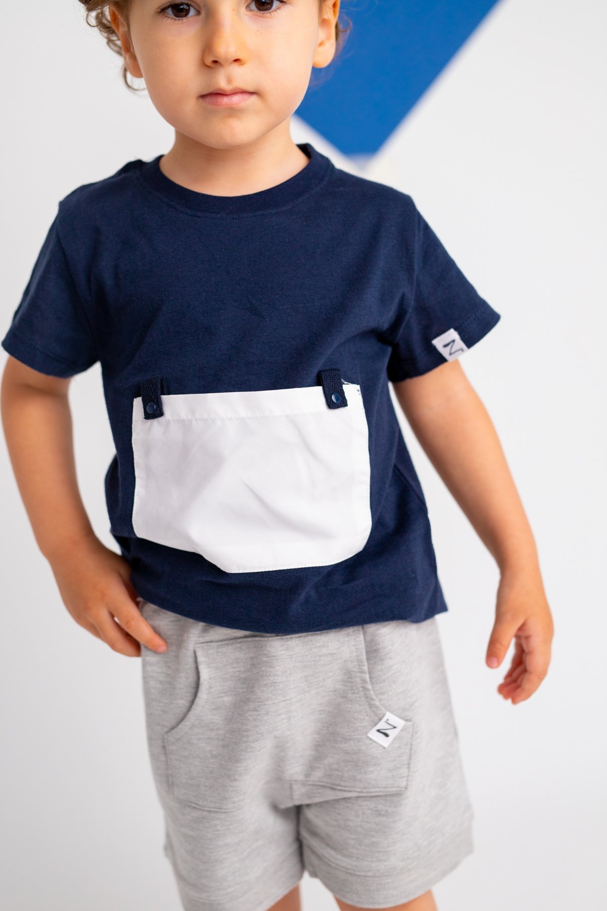 Erkek Bebek Yaka Çıtçıtlı Beyaz Cepli Lacivert T-Shirt (9ay-4yaş)