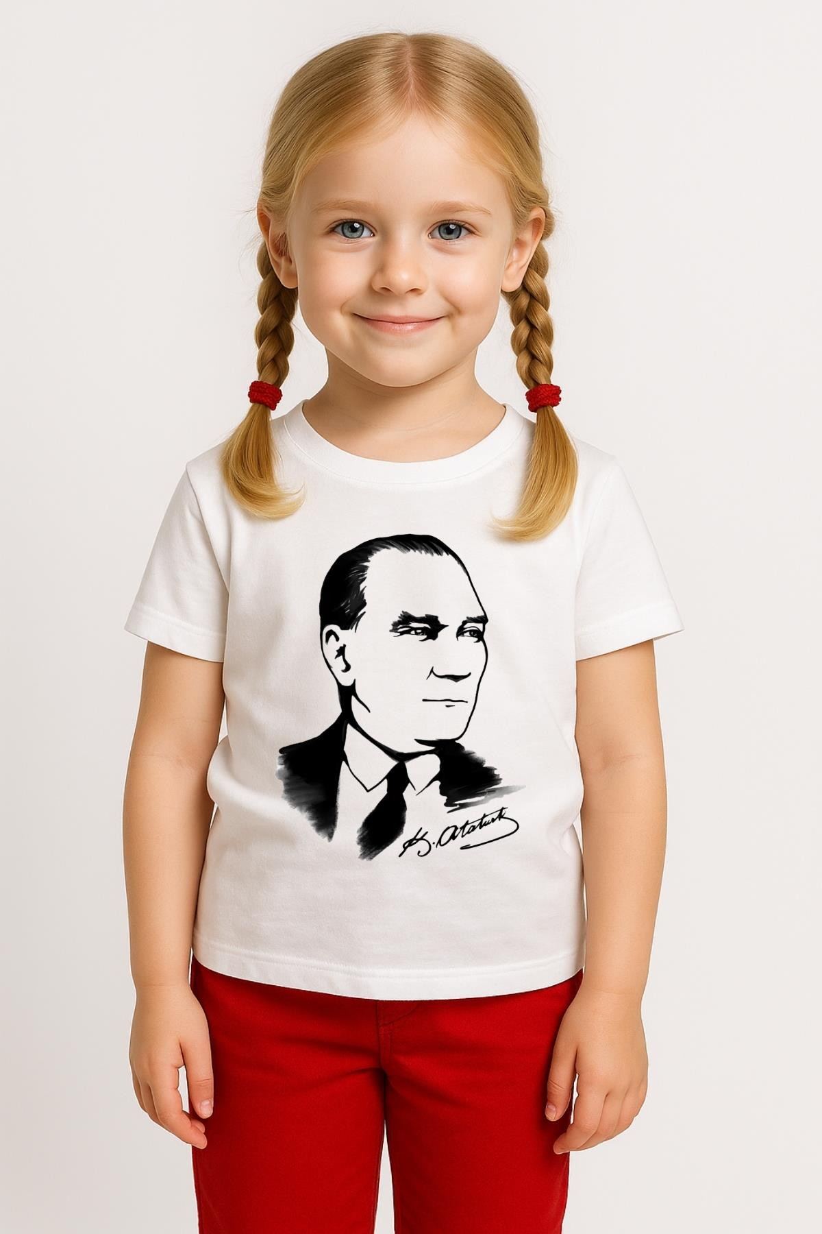 Unisex Çocuk Atatürk Baskılı Kısa Kollu T-shirt - Beyaz