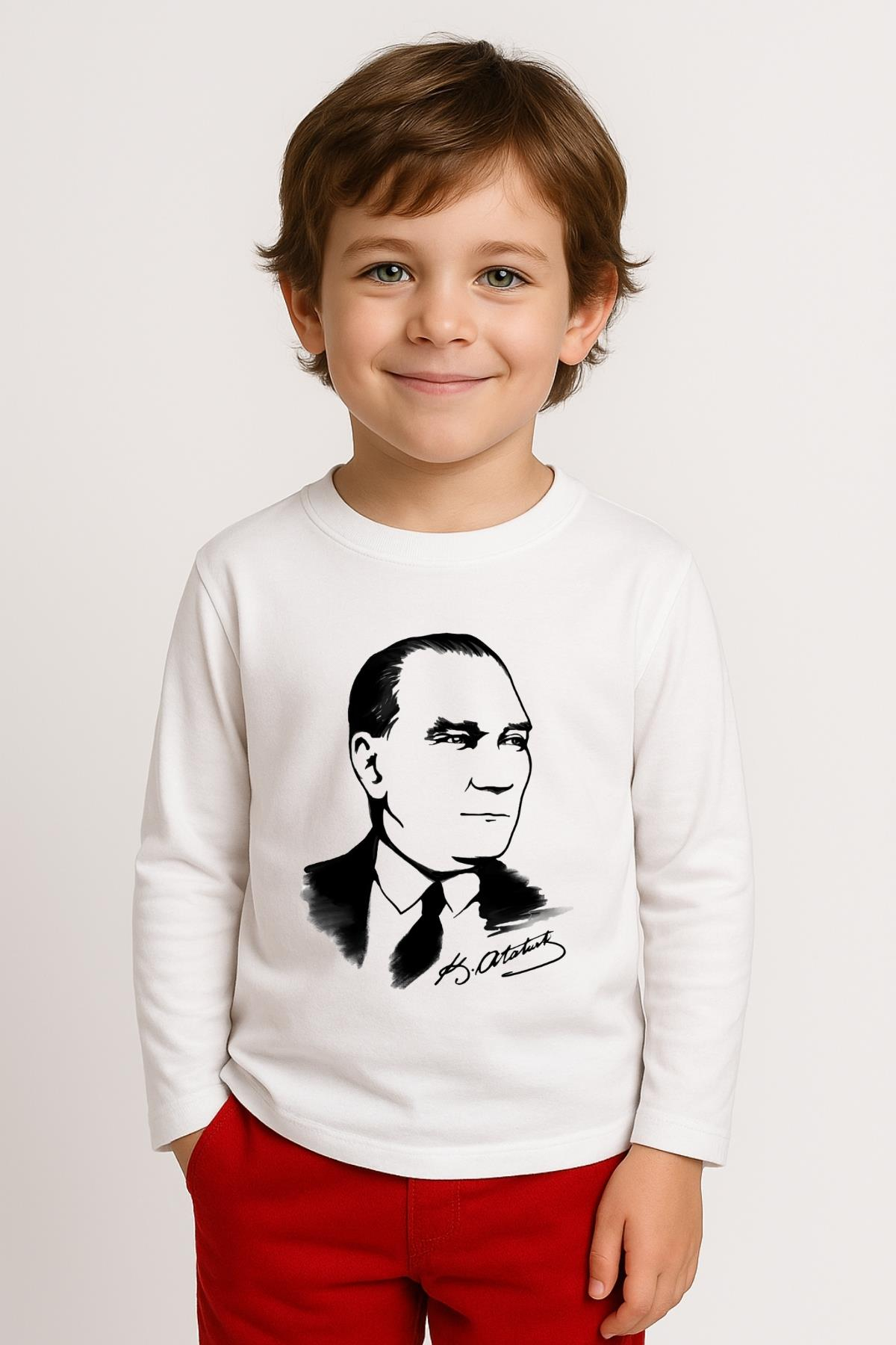 Unisex Çocuk Atatürk Baskılı Uzun Kollu T-shirt - Beyaz