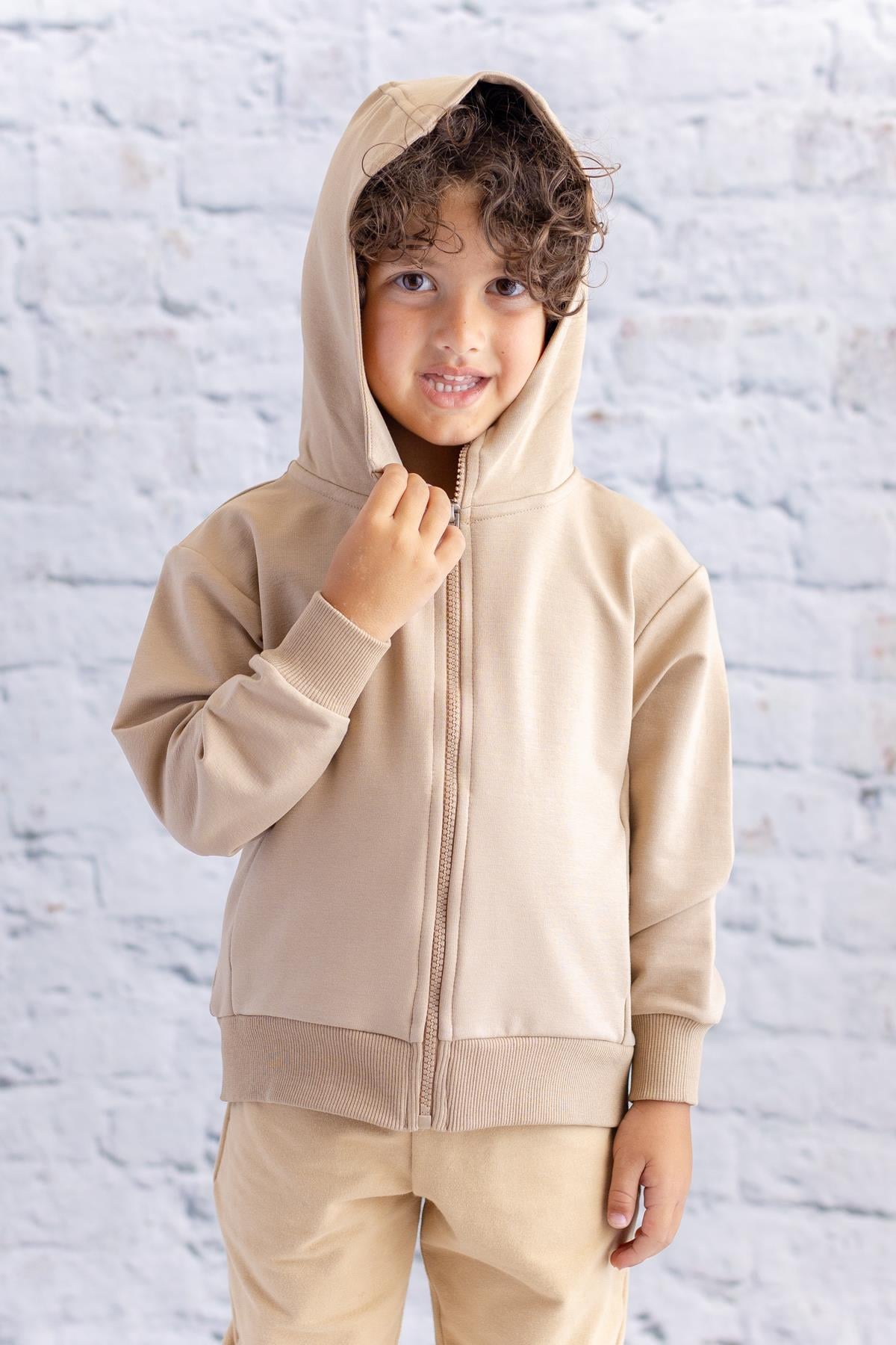 Unisex Çocuk Basic Kapüşonlu Ceket - Bej