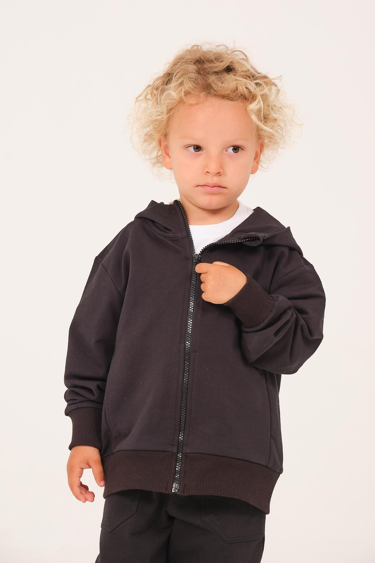 Unisex Çocuk Basic Kapüşonlu Ceket - Siyah